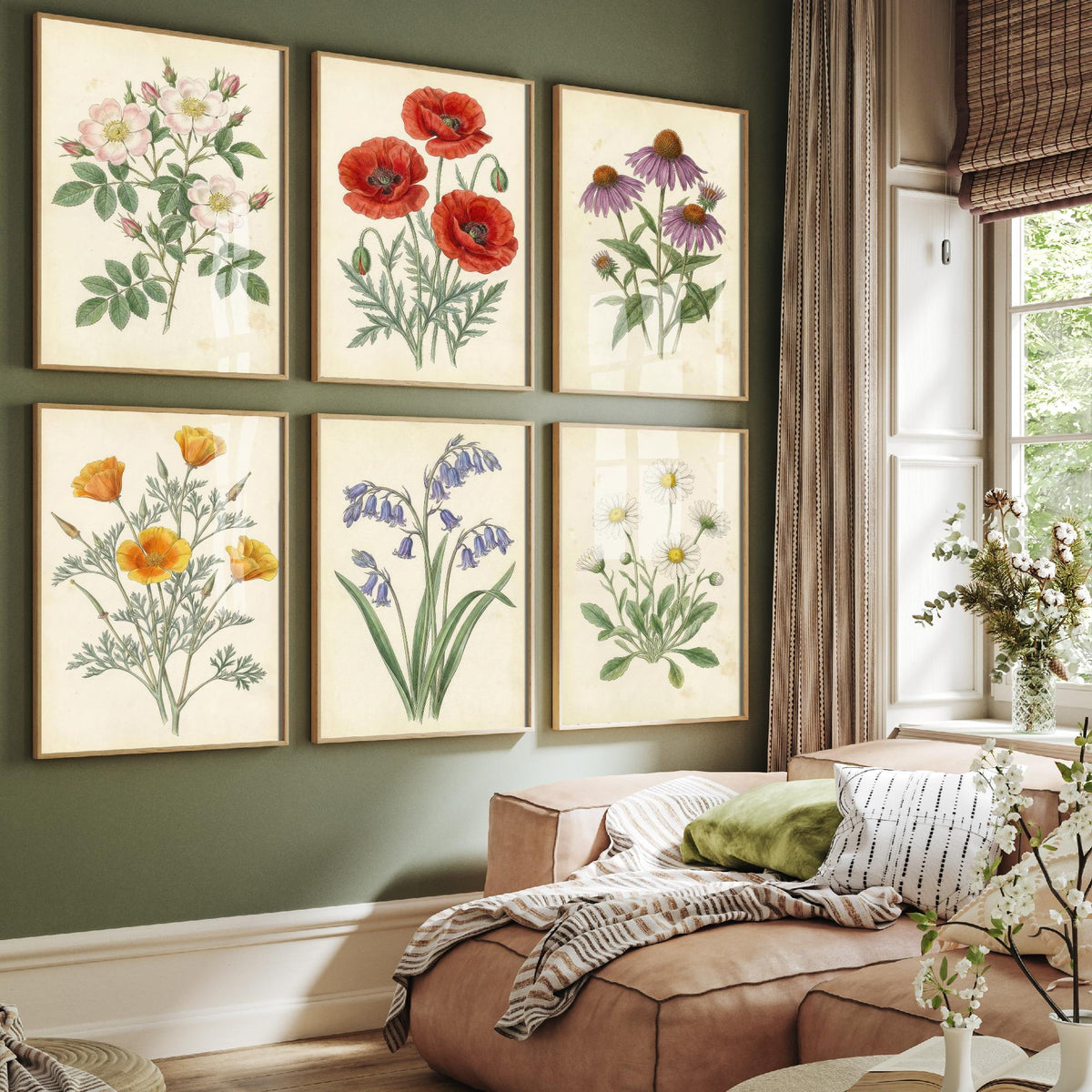 Set of Six Wildflower Art Prints - 6 Antique Botanical Posters - Wild Rose, Poppy, Echinacea, California Poppy, Bluebell, Daisy Illustration