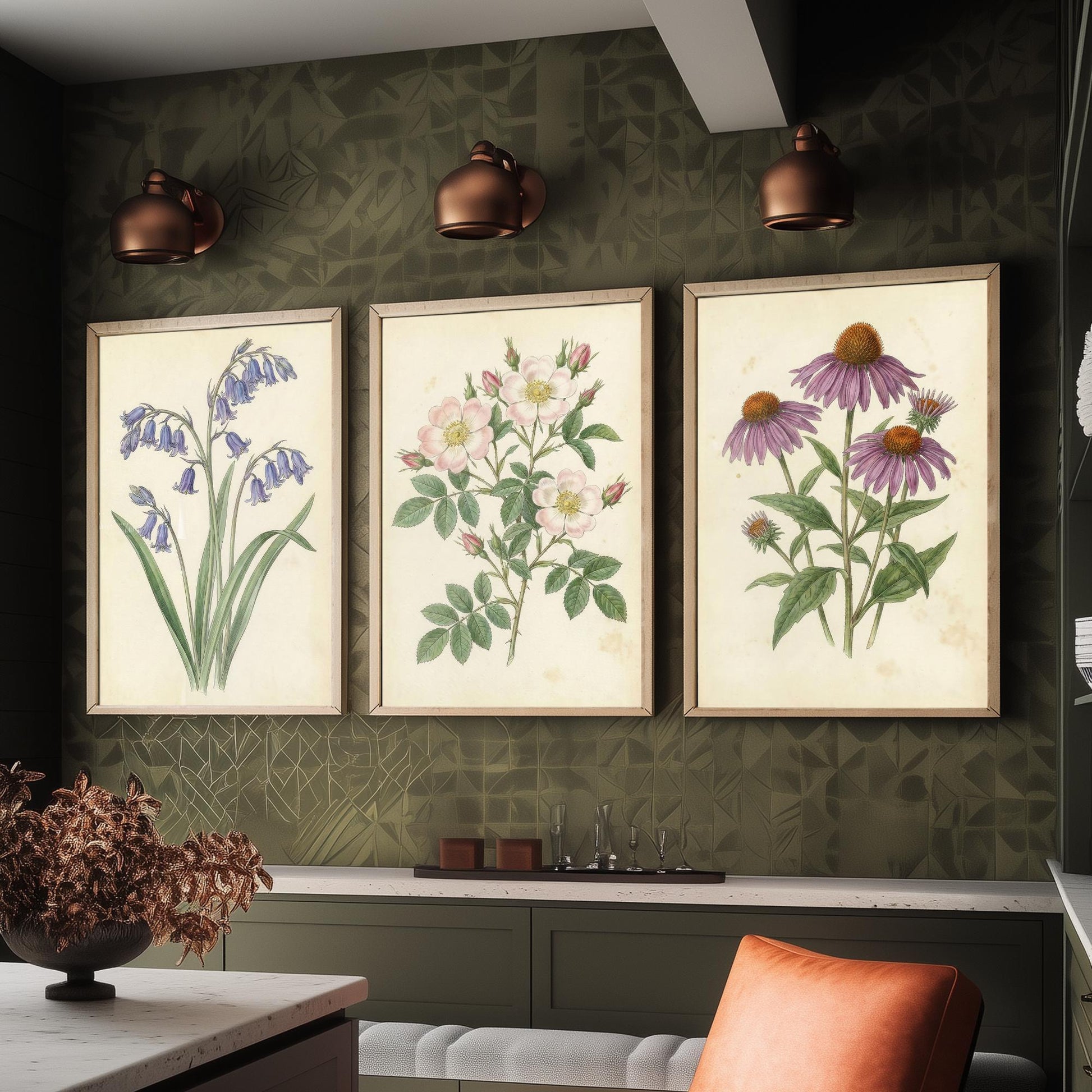 Vintage Flower Set of Three Art Prints | Bluebell Wild Rose Coneflower Botanical Illustration Poster