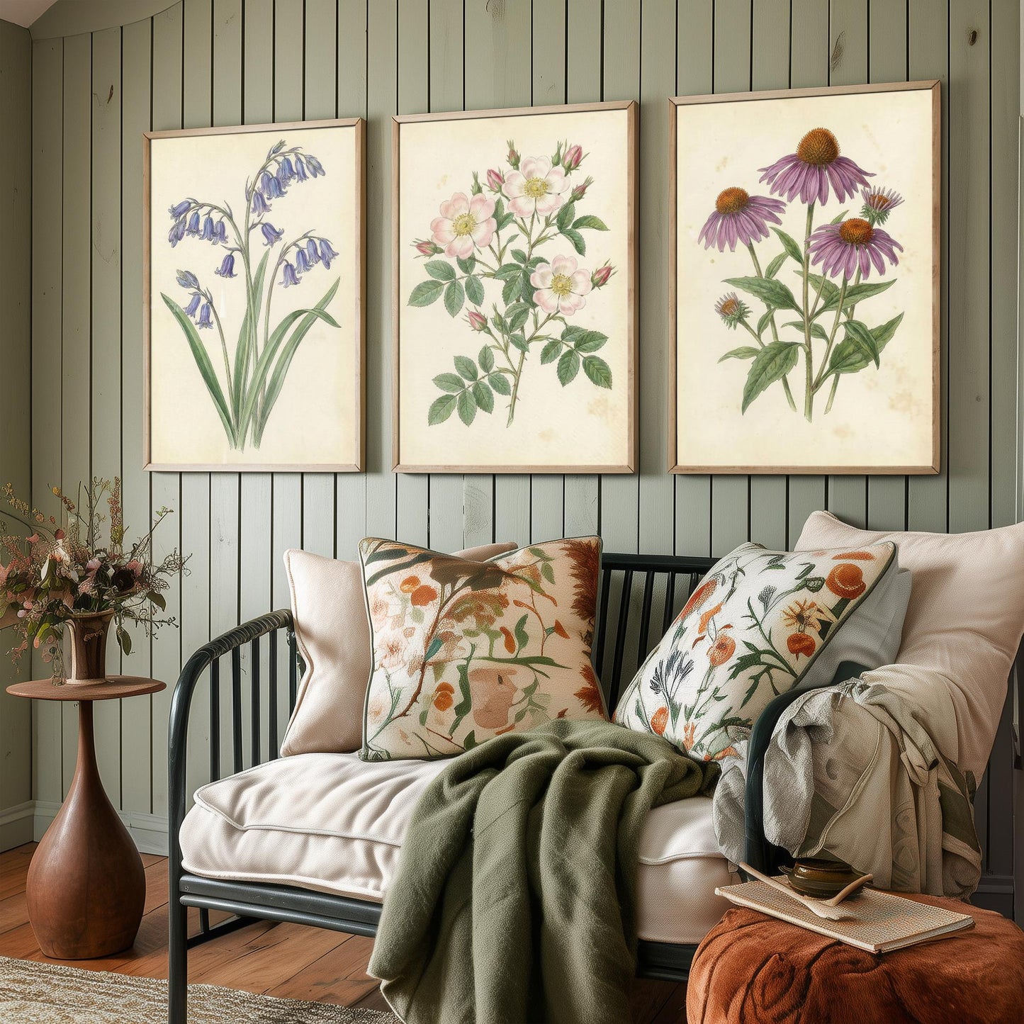 Vintage Flower Set of Three Art Prints | Bluebell Wild Rose Coneflower Botanical Illustration Poster