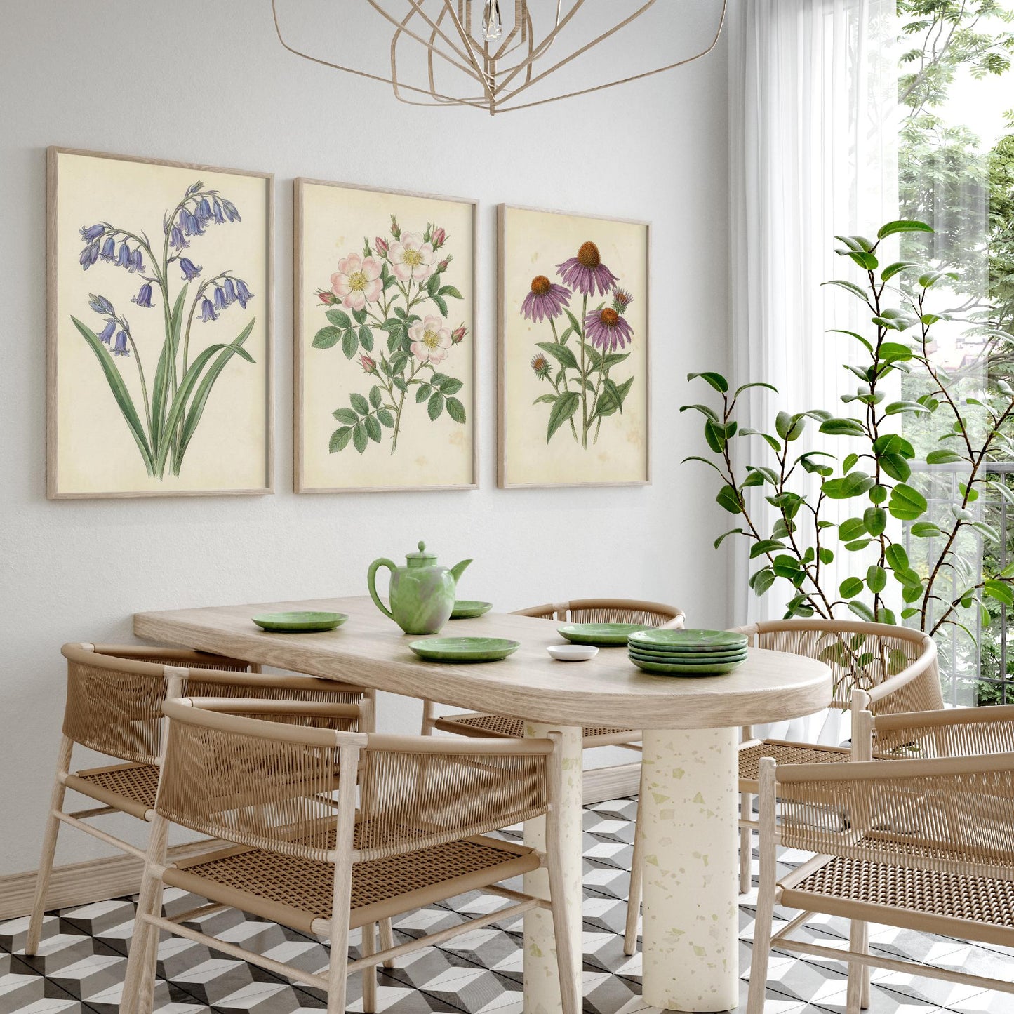 Vintage Flower Set of Three Art Prints | Bluebell Wild Rose Coneflower Botanical Illustration Poster