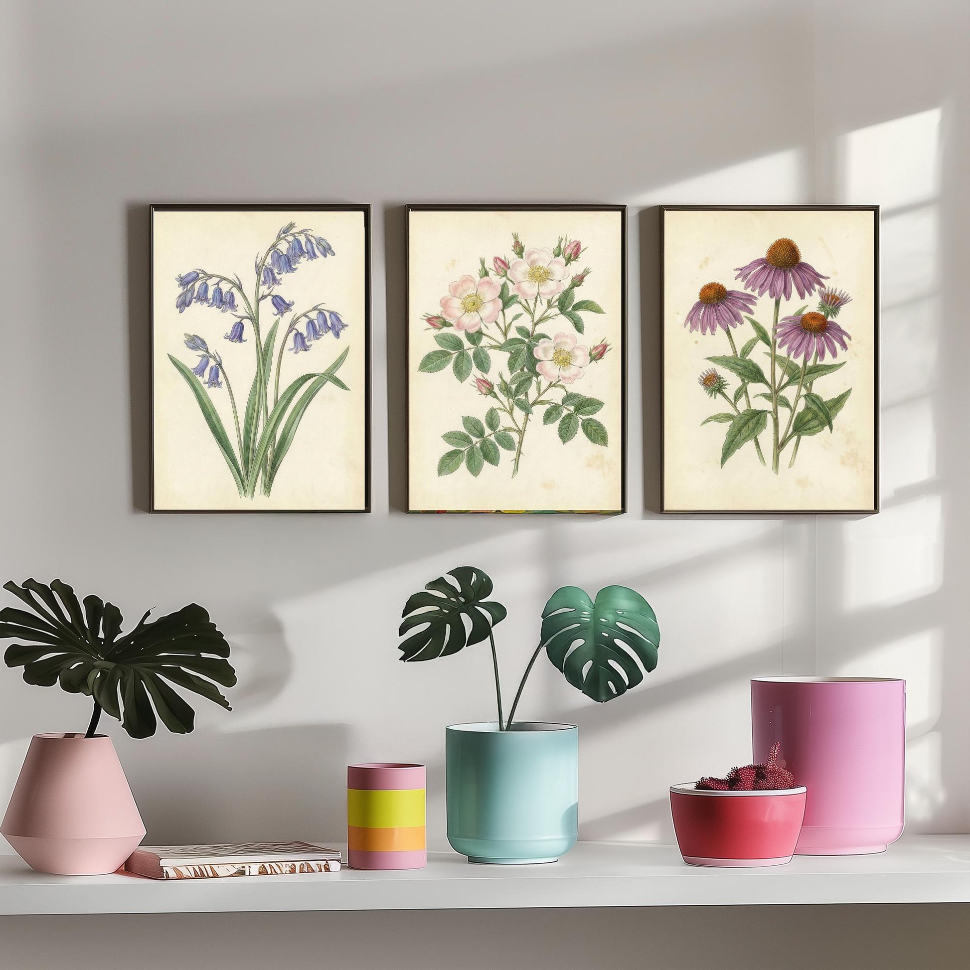 Vintage Flower Set of Three Art Prints | Bluebell Wild Rose Coneflower Botanical Illustration Poster