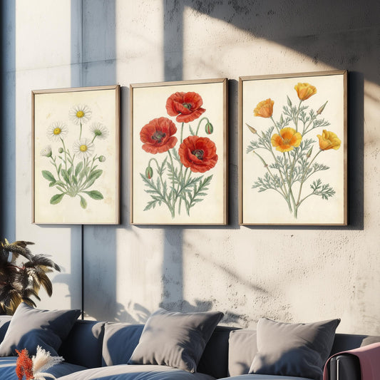 Vintage Flower Set of Three Art Prints | Daisy Poppy California Poppy Botanical Illustration Poster