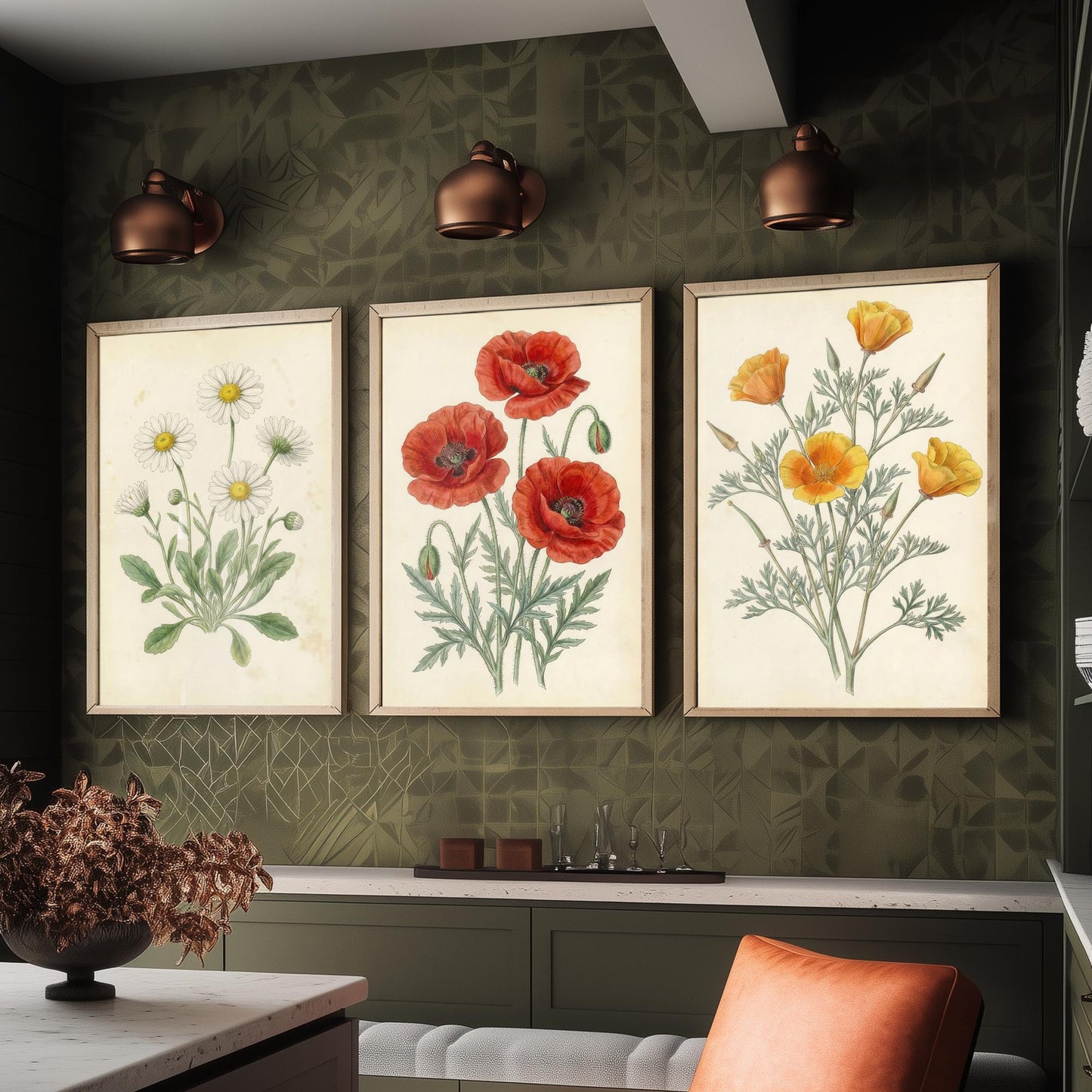 Vintage Flower Set of Three Art Prints | Daisy Poppy California Poppy Botanical Illustration Poster
