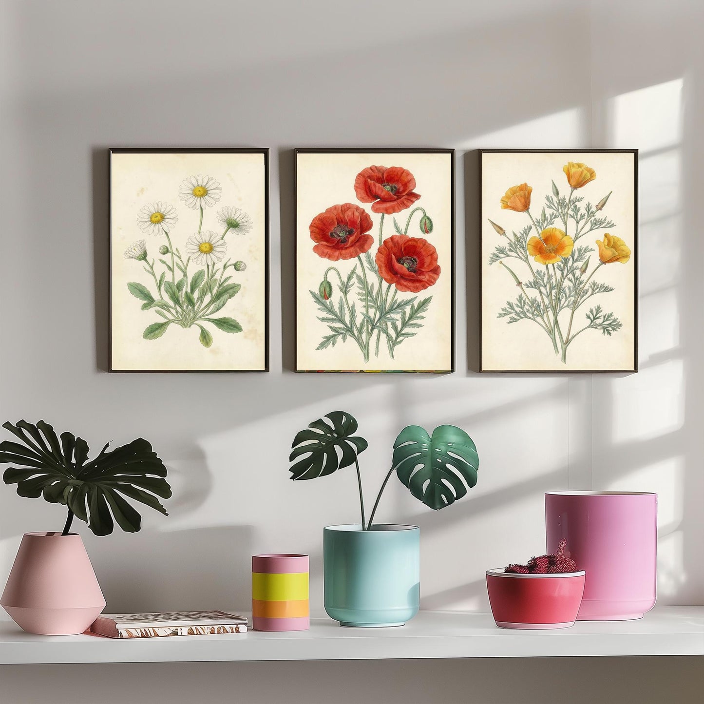 Vintage Flower Set of Three Art Prints | Daisy Poppy California Poppy Botanical Illustration Poster
