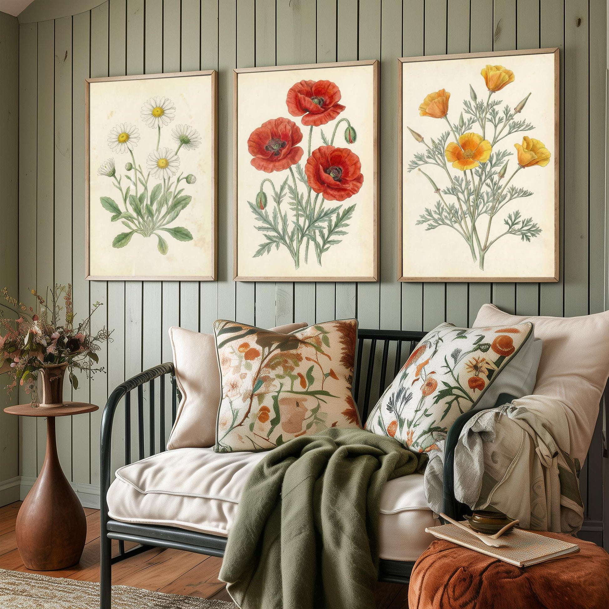 Vintage Flower Set of Three Art Prints | Daisy Poppy California Poppy Botanical Illustration Poster