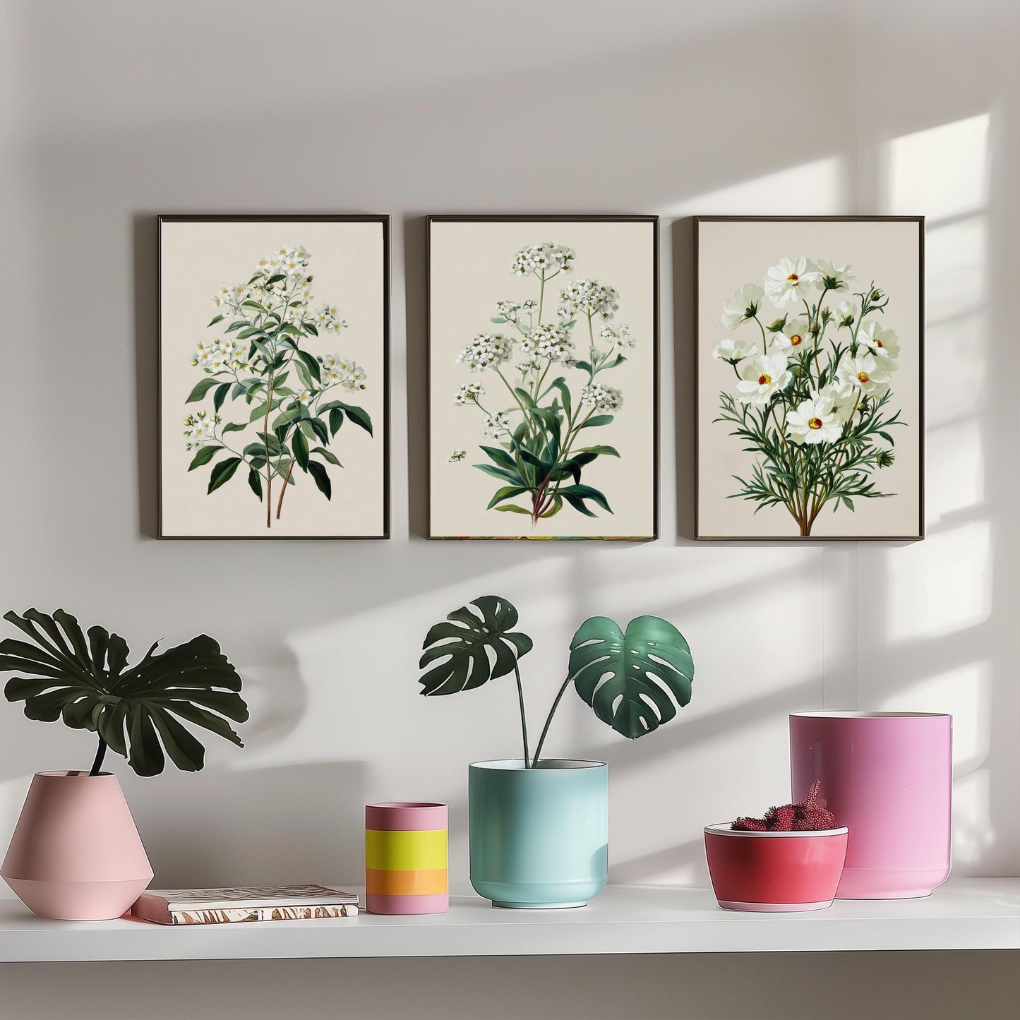 Green Botanical Set of Three Art Prints | Mock Orange Sweet Alyssum Cosmos Illustration Poster V1