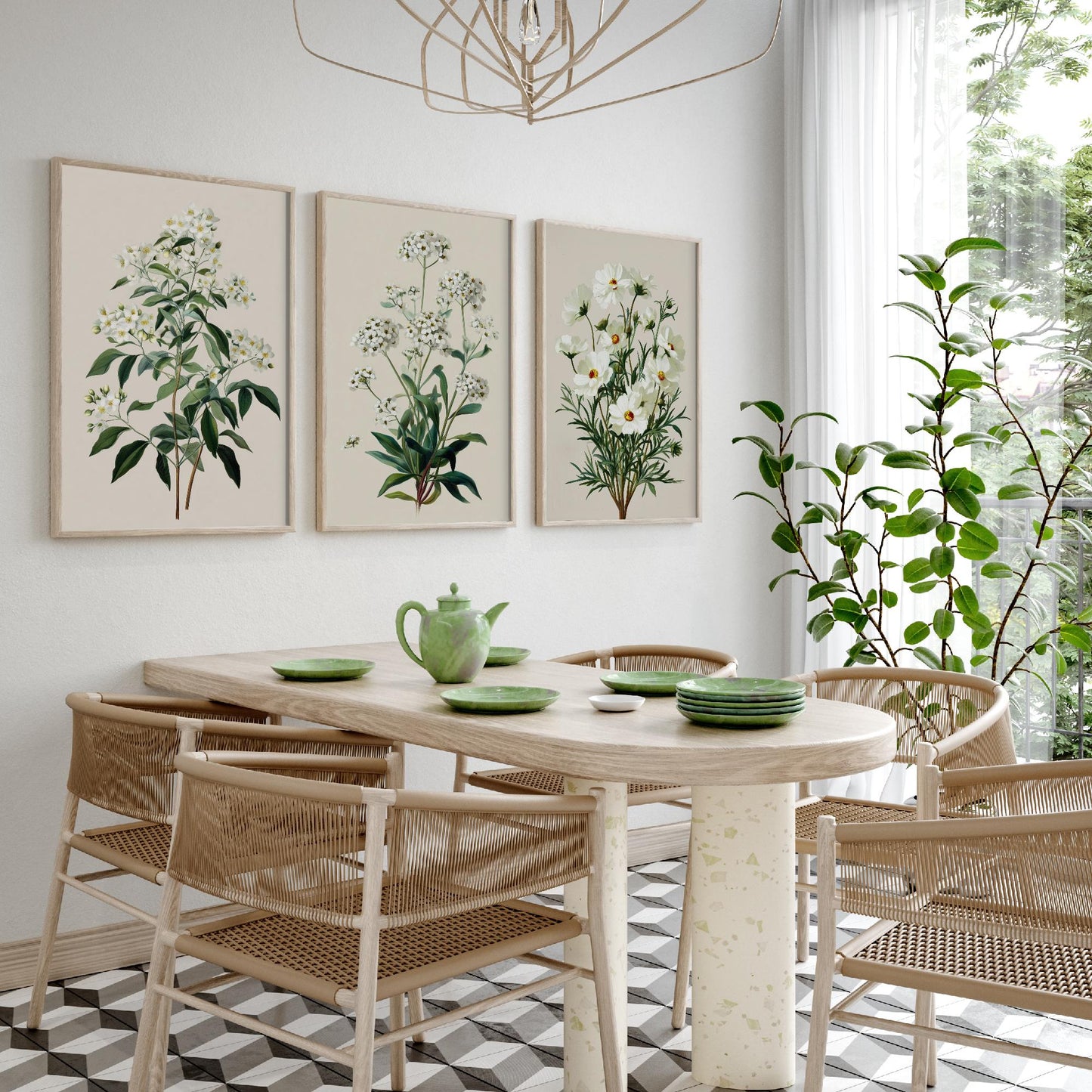 Green Botanical Set of Three Art Prints | Mock Orange Sweet Alyssum Cosmos Illustration Poster V1