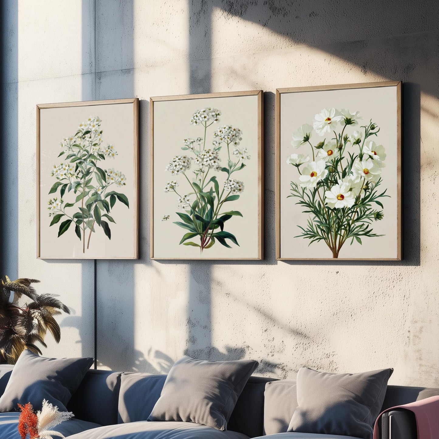 Green Botanical Set of Three Art Prints | Mock Orange Sweet Alyssum Cosmos Illustration Poster V1
