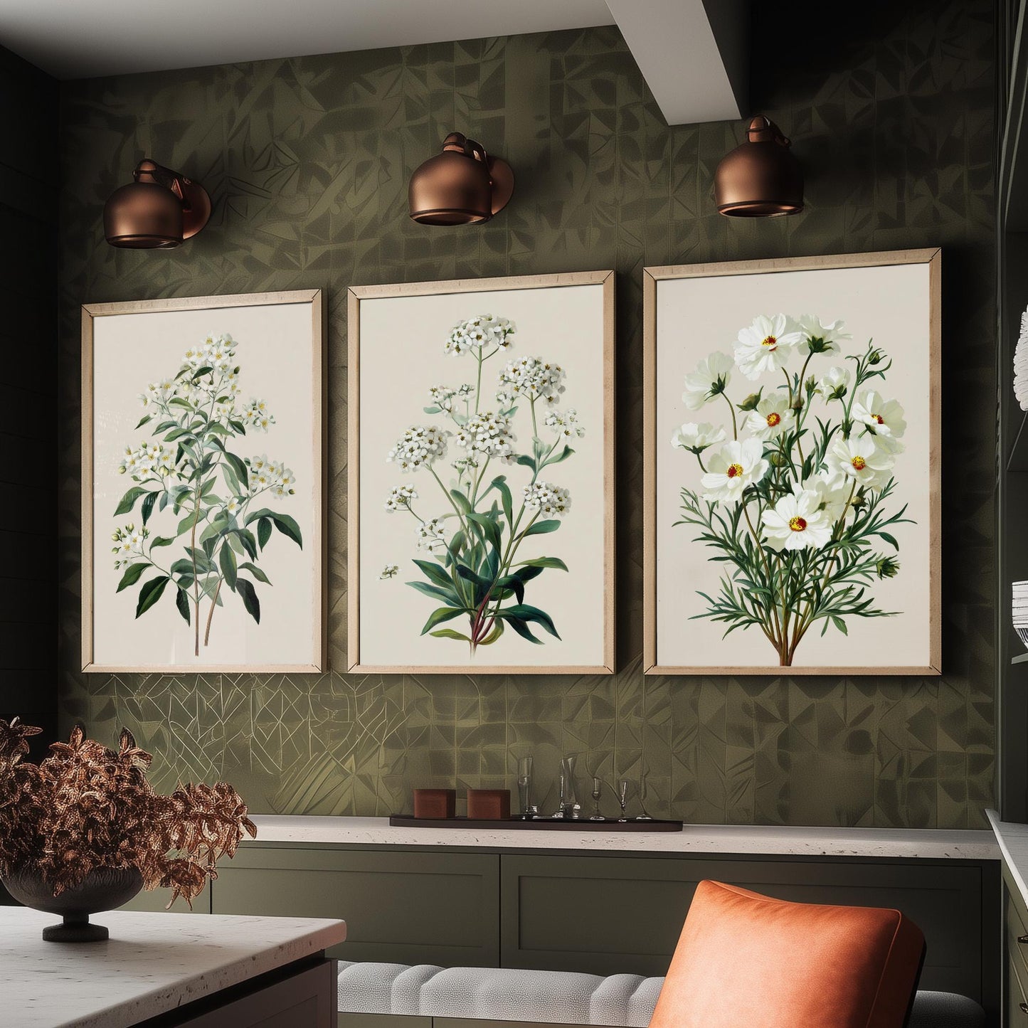 Green Botanical Set of Three Art Prints | Mock Orange Sweet Alyssum Cosmos Illustration Poster V1