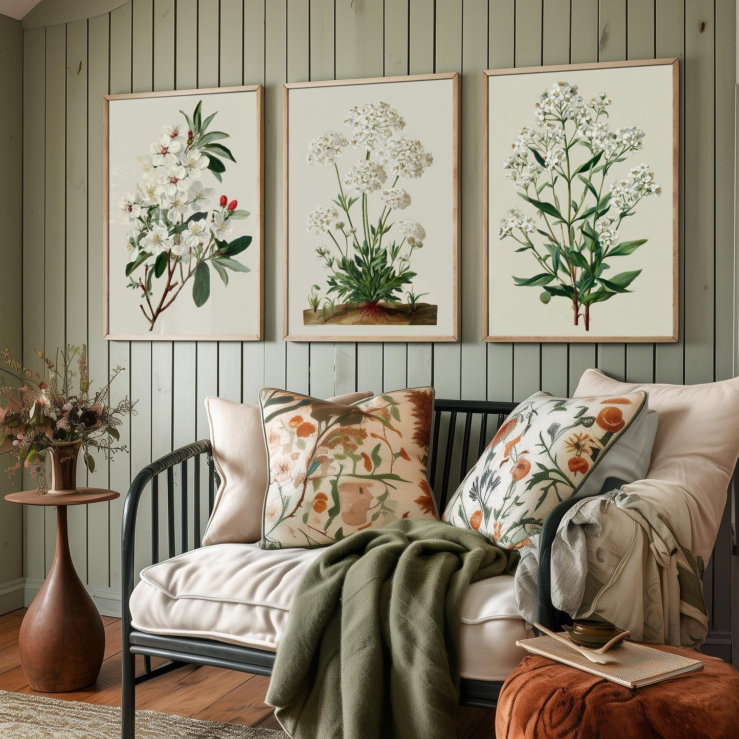 Green Botanical Set of Three Art Prints | Plum Blossom Queen Annes Lace Babys Breath Illustration Poster V2