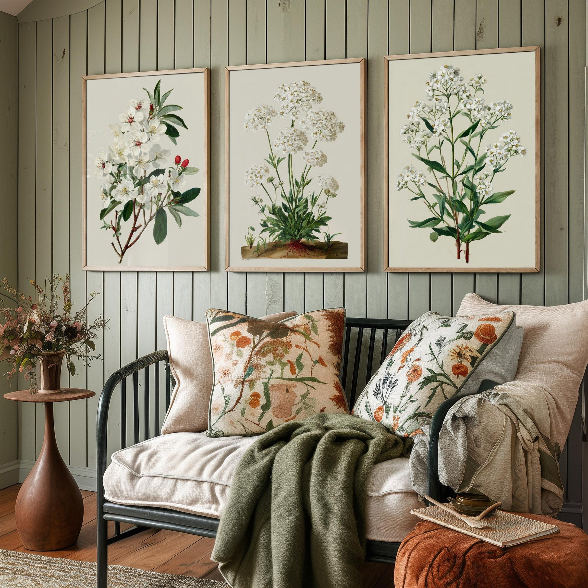 Green Botanical Set of Three Art Prints | Plum Blossom Queen Annes Lace Babys Breath Illustration Poster V2