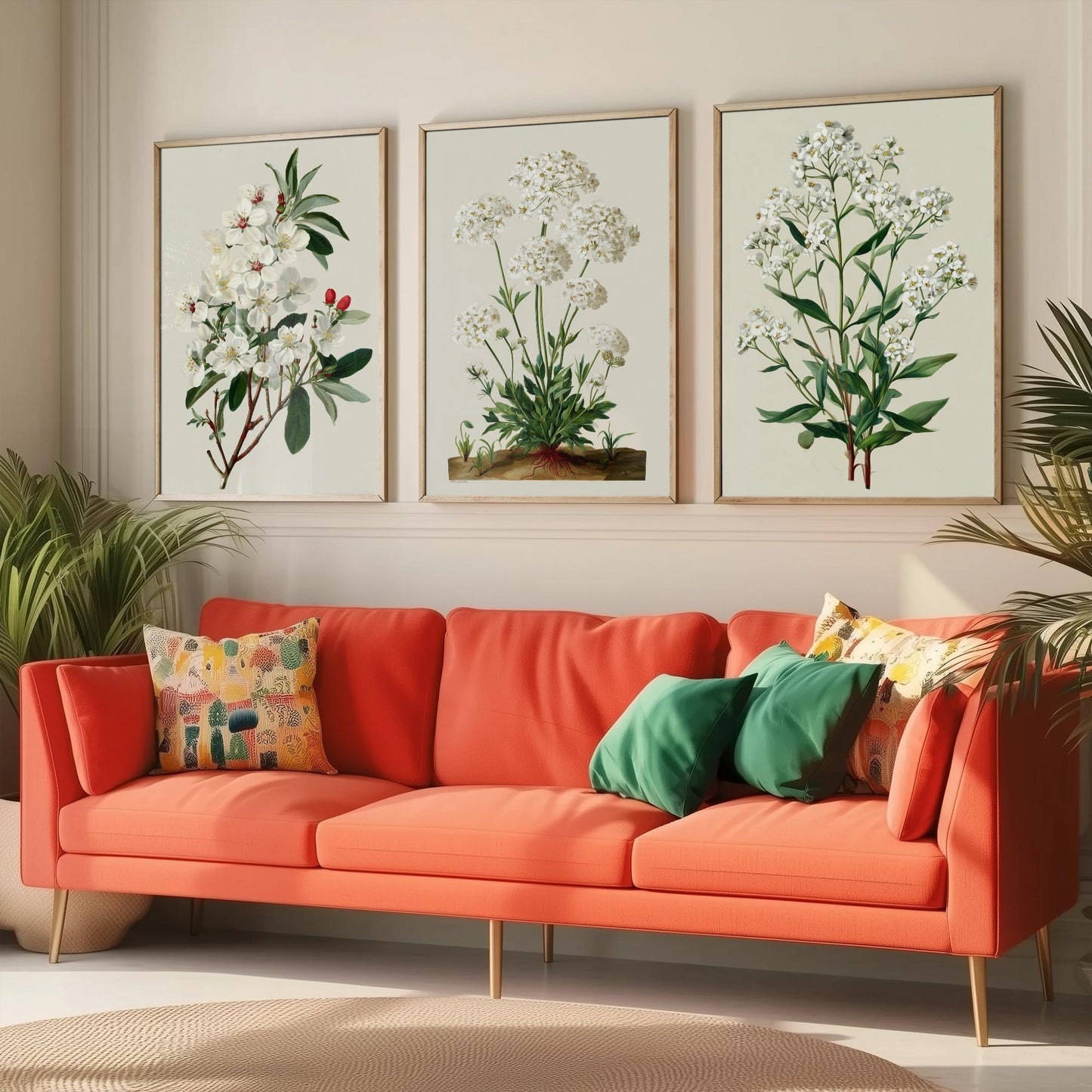 Green Botanical Set of Three Art Prints | Plum Blossom Queen Annes Lace Babys Breath Illustration Poster V2