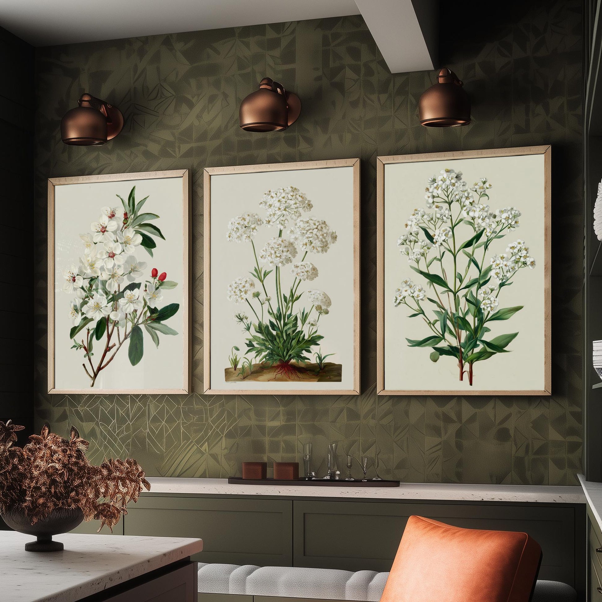 Green Botanical Set of Three Art Prints | Plum Blossom Queen Annes Lace Babys Breath Illustration Poster V2