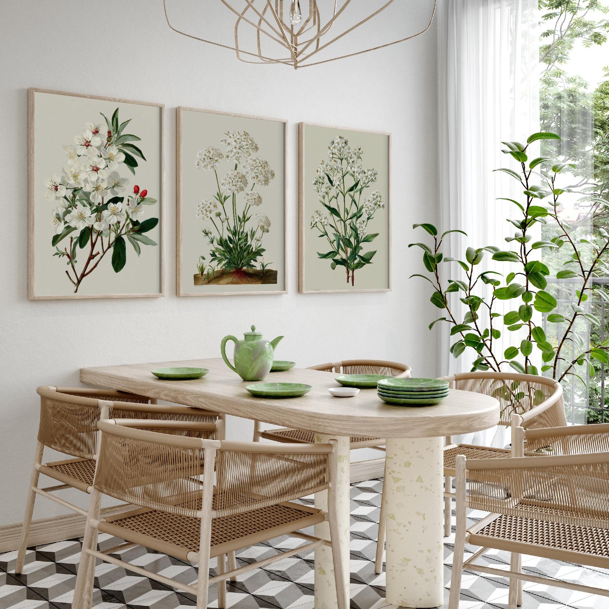 Green Botanical Set of Three Art Prints | Plum Blossom Queen Annes Lace Babys Breath Illustration Poster V2