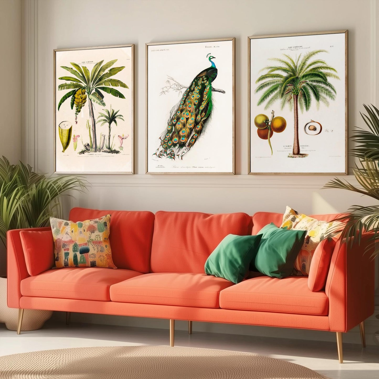 Vintage Natural History Set of Three Art Prints | Banana Plant Peacock Palm Tree Illustration Poster