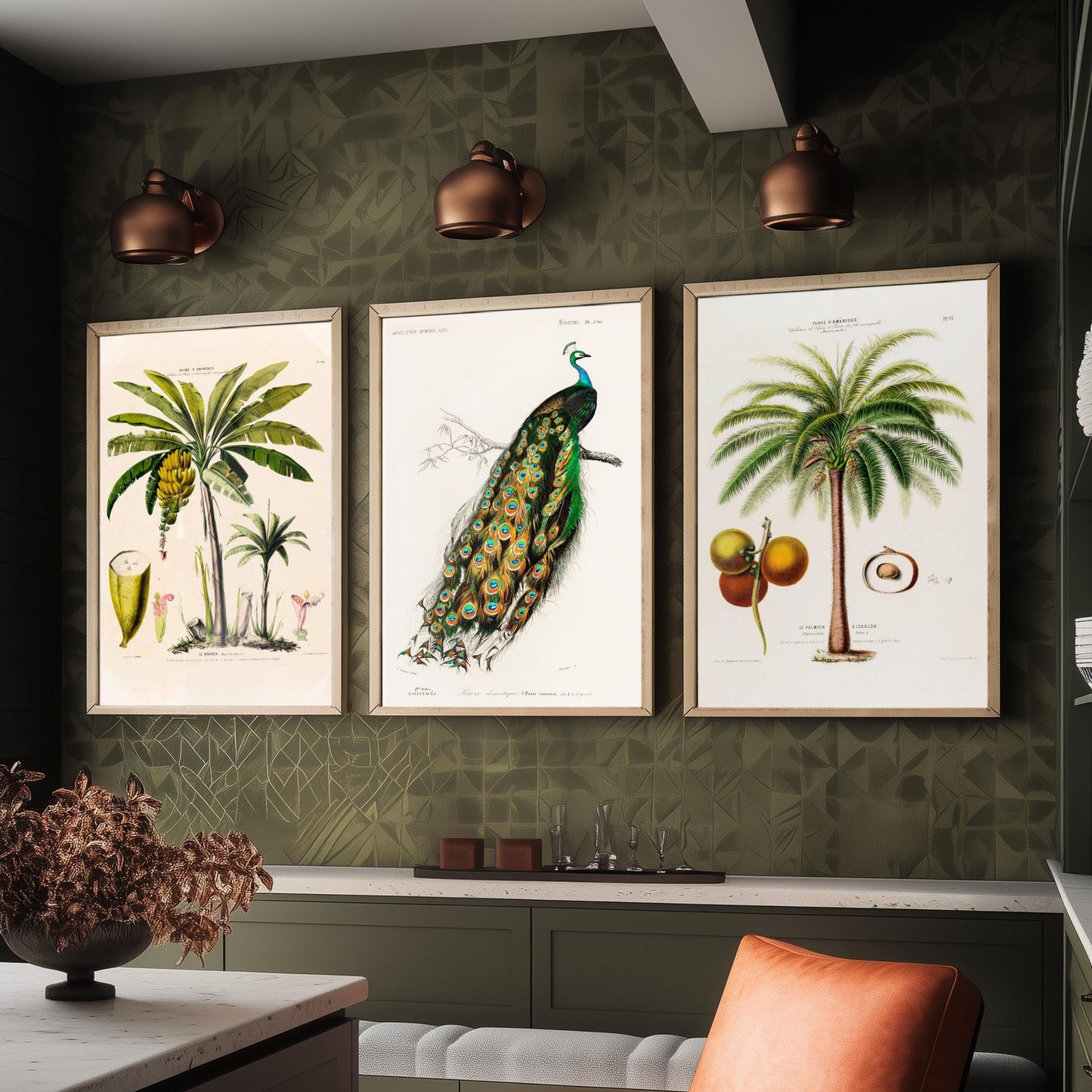 Vintage Natural History Set of Three Art Prints | Banana Plant Peacock Palm Tree Illustration Poster