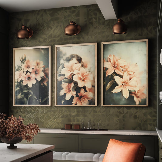 Vintage Sepia Set of Three Art Prints | Antique Azalea Flower Photo Poster Wall Decor