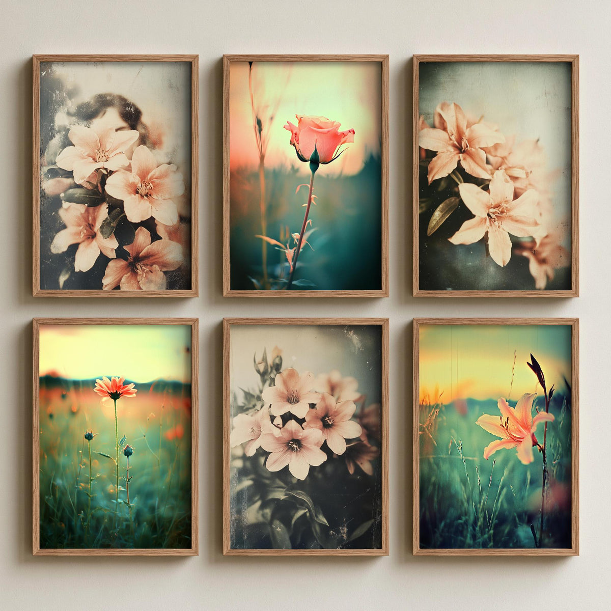 Set of Six Vintage Flower Photo Art Prints - 6 Faded Film Posters - Lilies, Rose, Meadow Flowers in Teal and Peach Photo