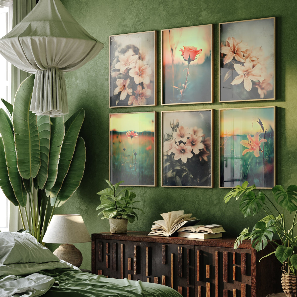 Set of Six Vintage Flower Photo Art Prints - 6 Faded Film Posters - Lilies, Rose, Meadow Flowers in Teal and Peach Photo