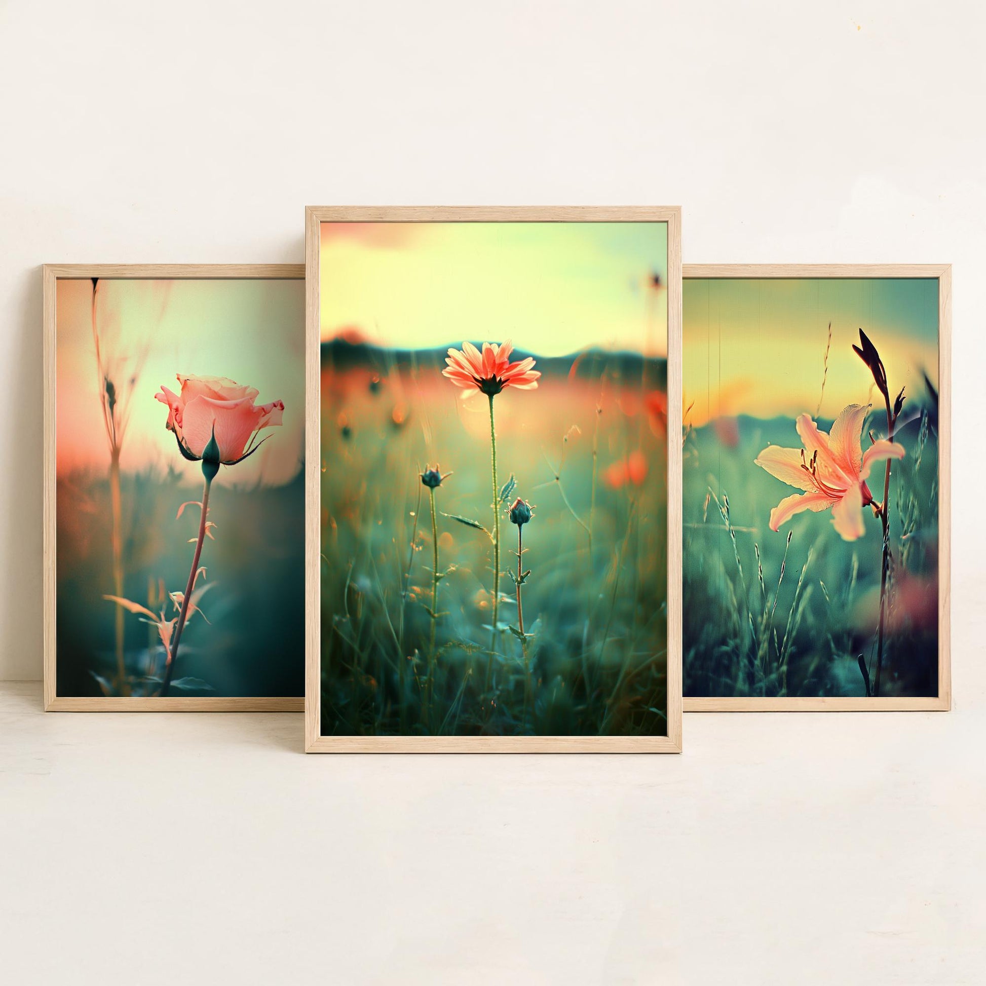 Golden Hour Set of Three Art Prints | Rose Lily Daisy Wildflower Field Photo Poster