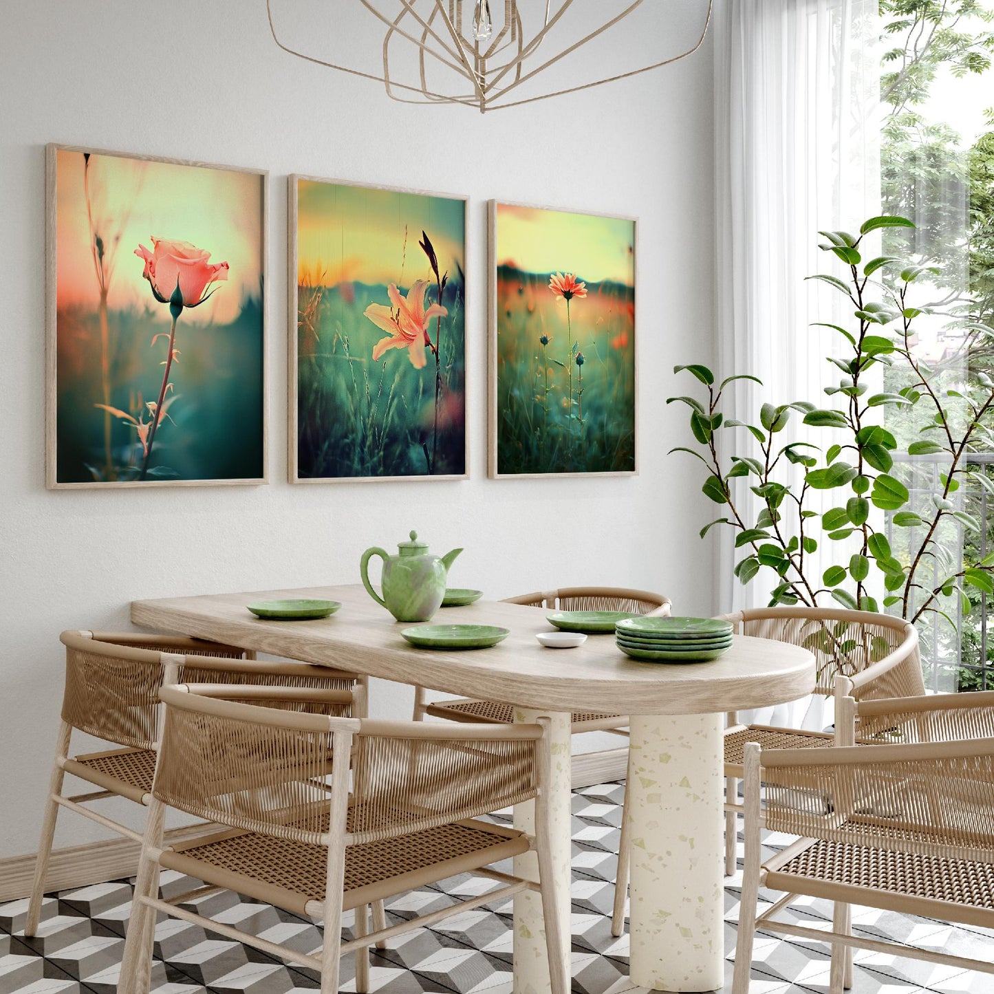 Golden Hour Set of Three Art Prints | Rose Lily Daisy Wildflower Field Photo Poster