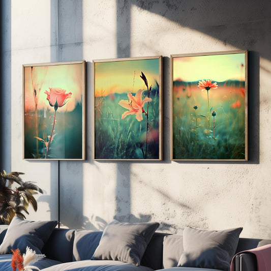 Golden Hour Set of Three Art Prints | Rose Lily Daisy Wildflower Field Photo Poster
