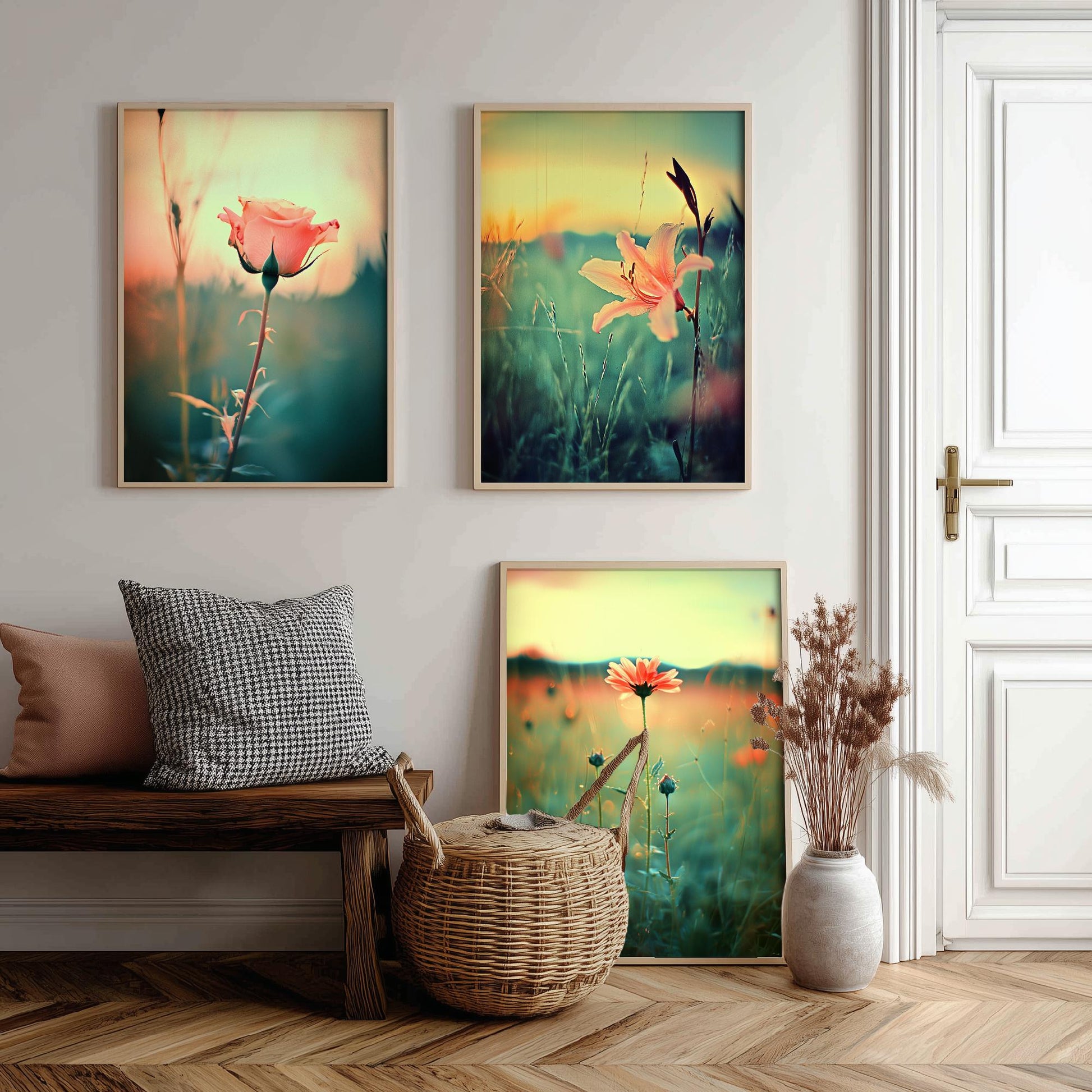 Golden Hour Set of Three Art Prints | Rose Lily Daisy Wildflower Field Photo Poster