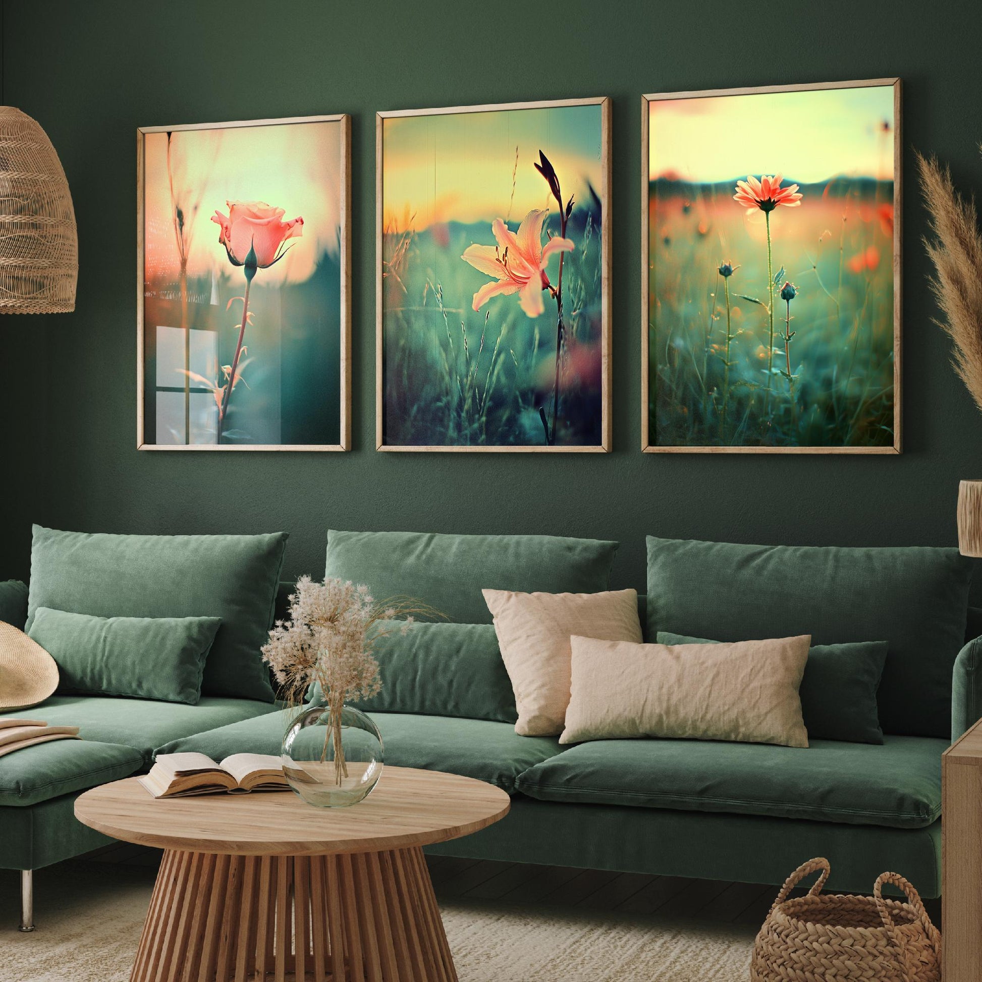 Golden Hour Set of Three Art Prints | Rose Lily Daisy Wildflower Field Photo Poster