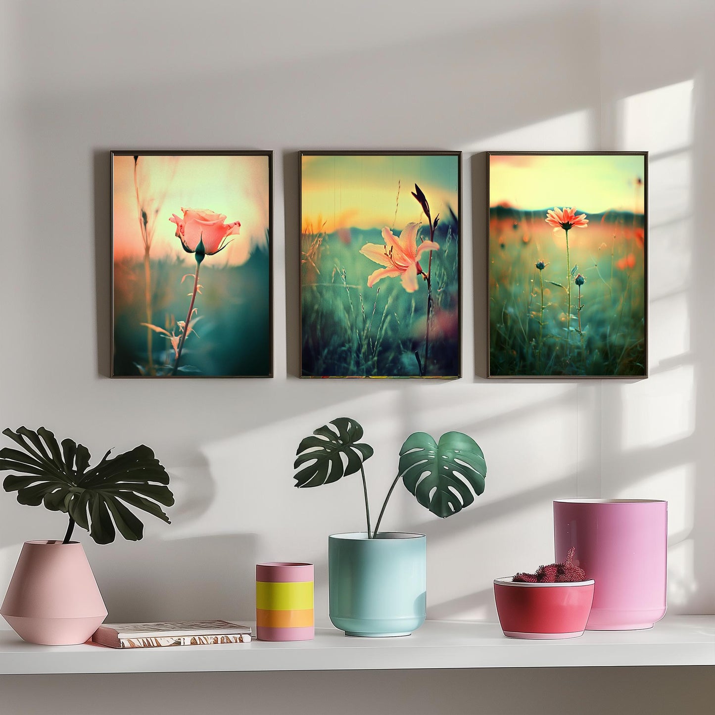 Golden Hour Set of Three Art Prints | Rose Lily Daisy Wildflower Field Photo Poster