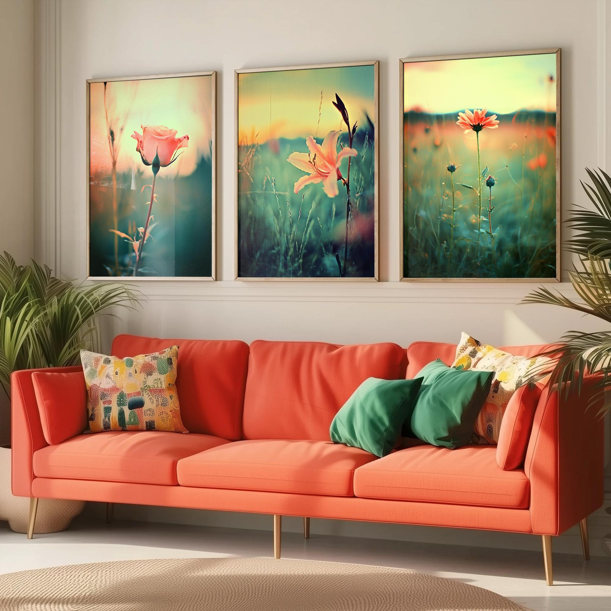 Golden Hour Set of Three Art Prints | Rose Lily Daisy Wildflower Field Photo Poster