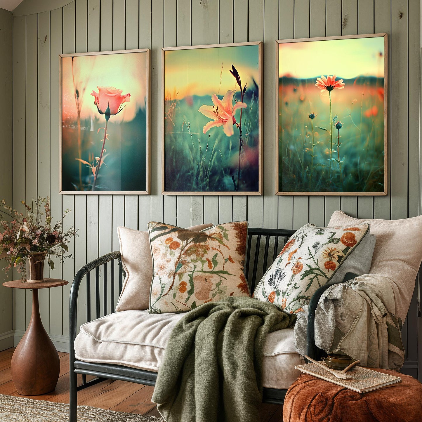 Golden Hour Set of Three Art Prints | Rose Lily Daisy Wildflower Field Photo Poster
