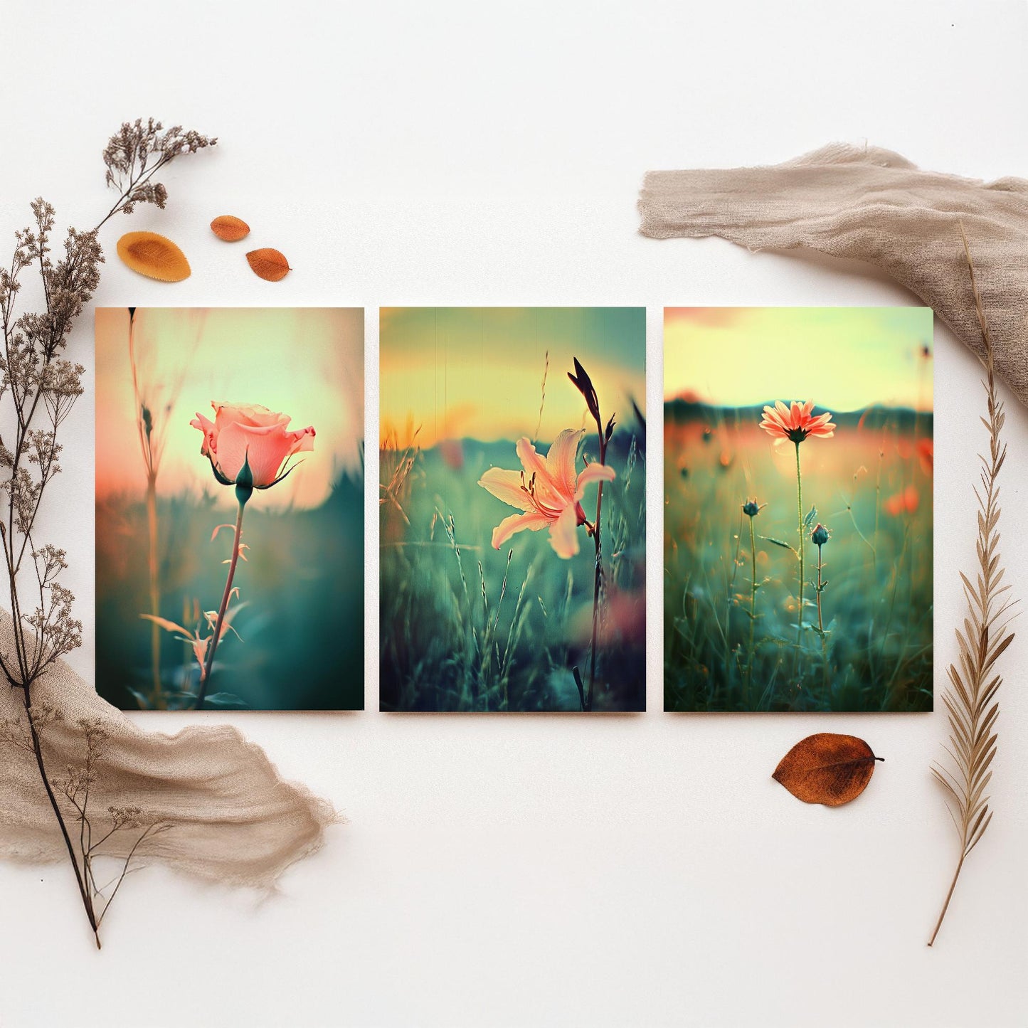 Golden Hour Set of Three Art Prints | Rose Lily Daisy Wildflower Field Photo Poster