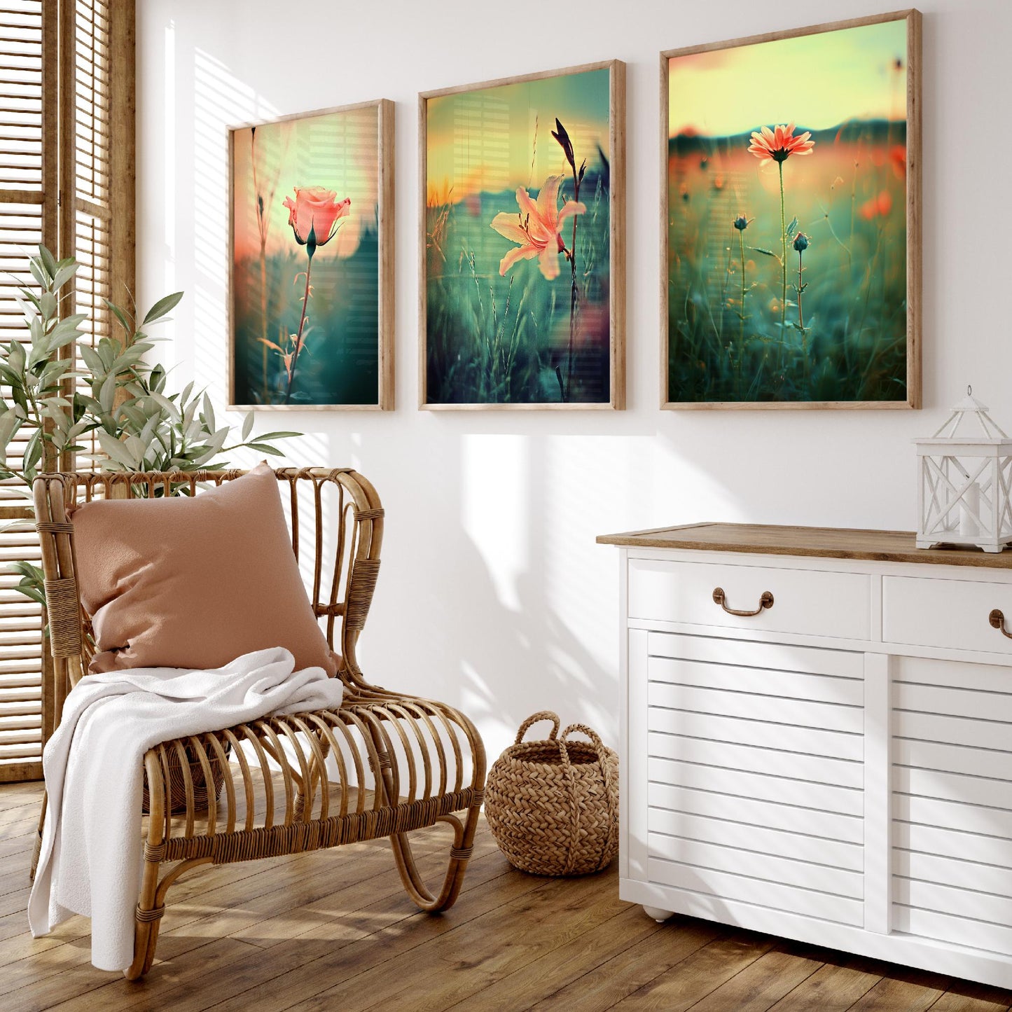 Golden Hour Set of Three Art Prints | Rose Lily Daisy Wildflower Field Photo Poster