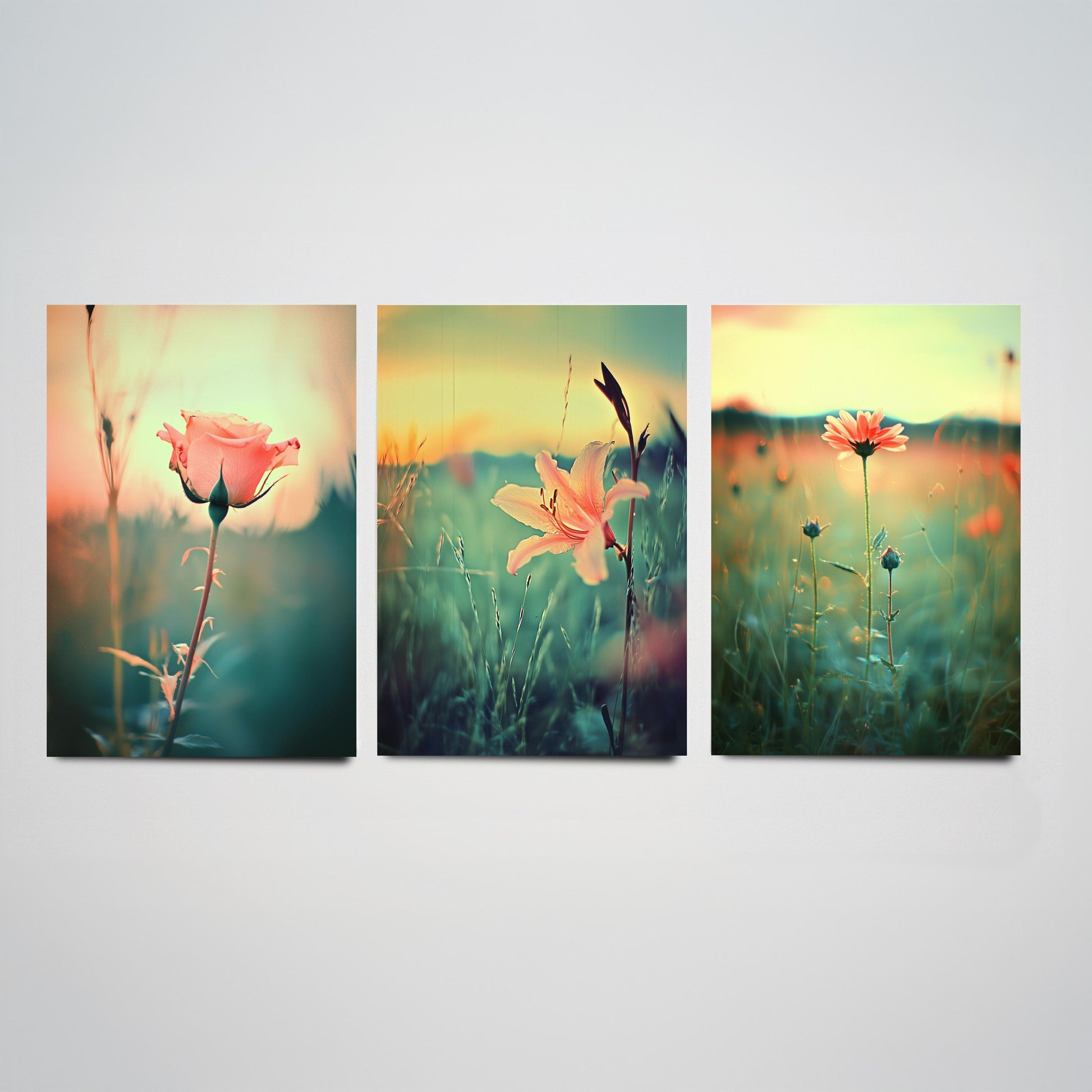 Golden Hour Set of Three Art Prints | Rose Lily Daisy Wildflower Field Photo Poster