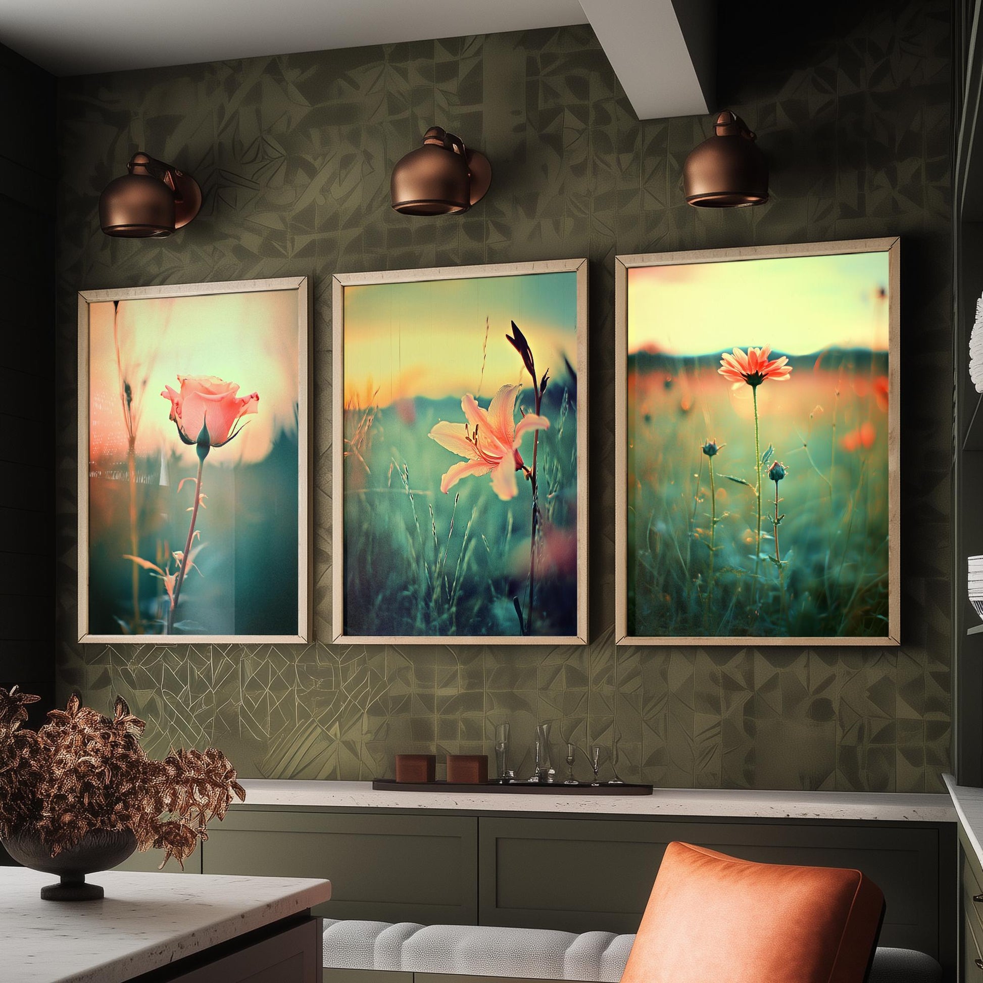Golden Hour Set of Three Art Prints | Rose Lily Daisy Wildflower Field Photo Poster