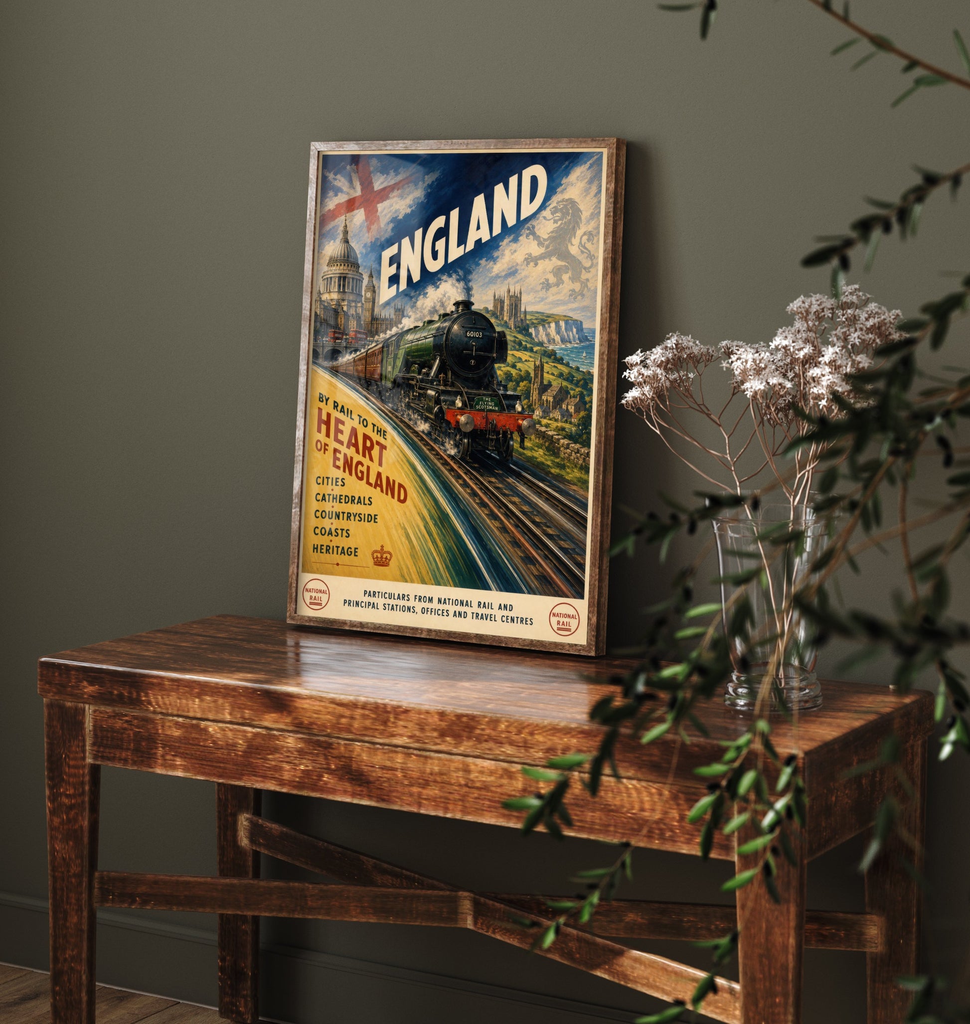 England Vintage Railway Travel Poster - Art Print - Retro Steam Train Painting - British Travel Wall Art 1/3