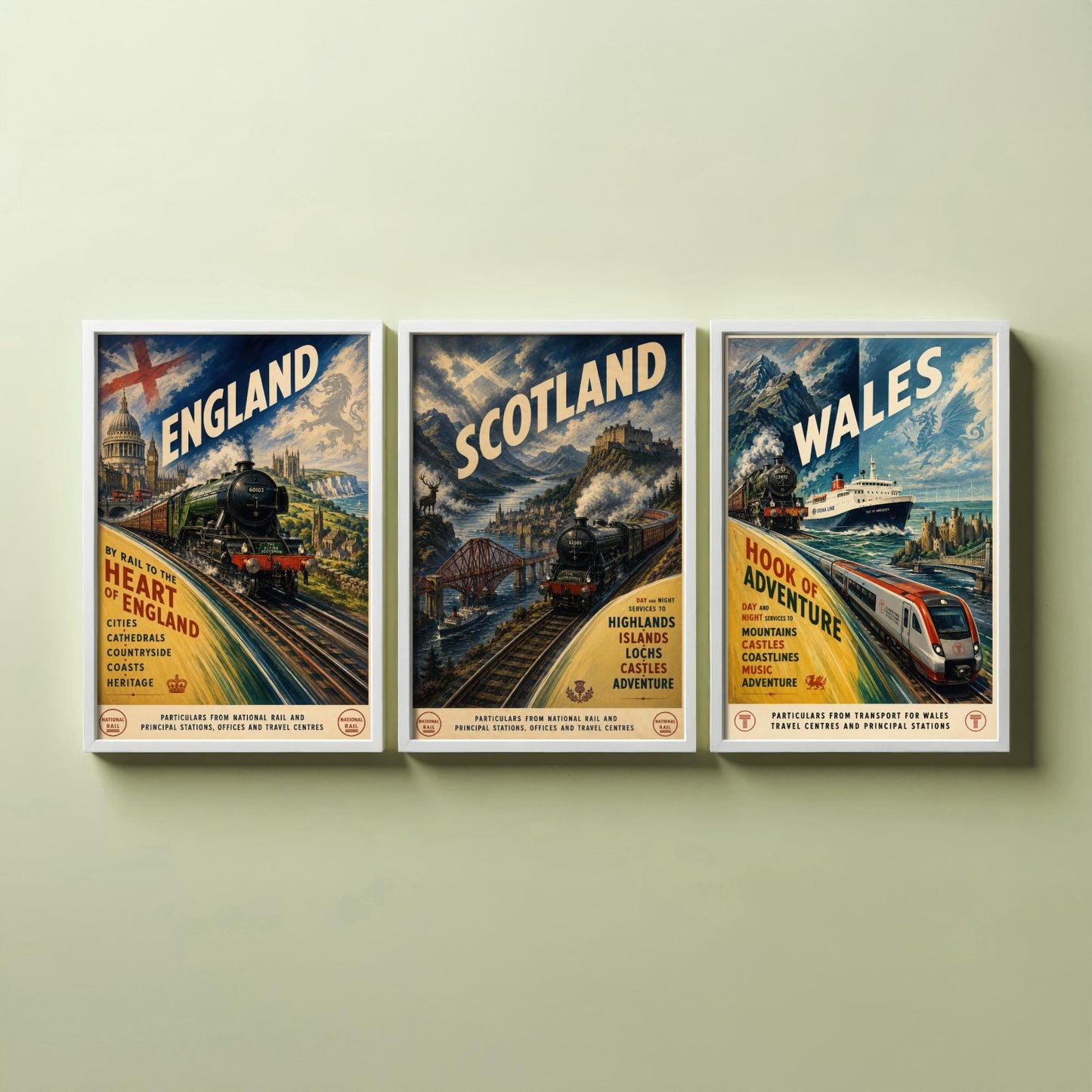England Scotland Wales Set of Three Art Prints | Vintage Railway Travel Illustration Poster
