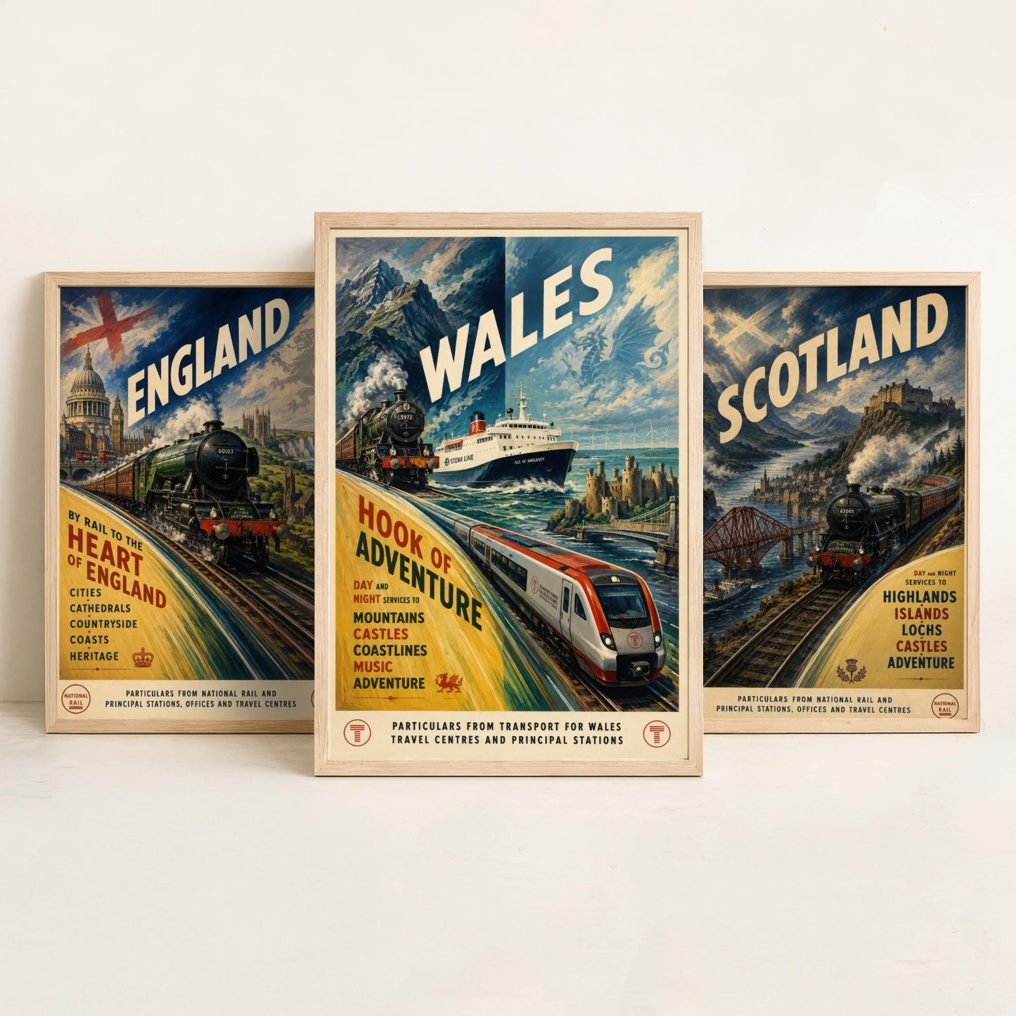 England Scotland Wales Set of Three Art Prints | Vintage Railway Travel Illustration Poster