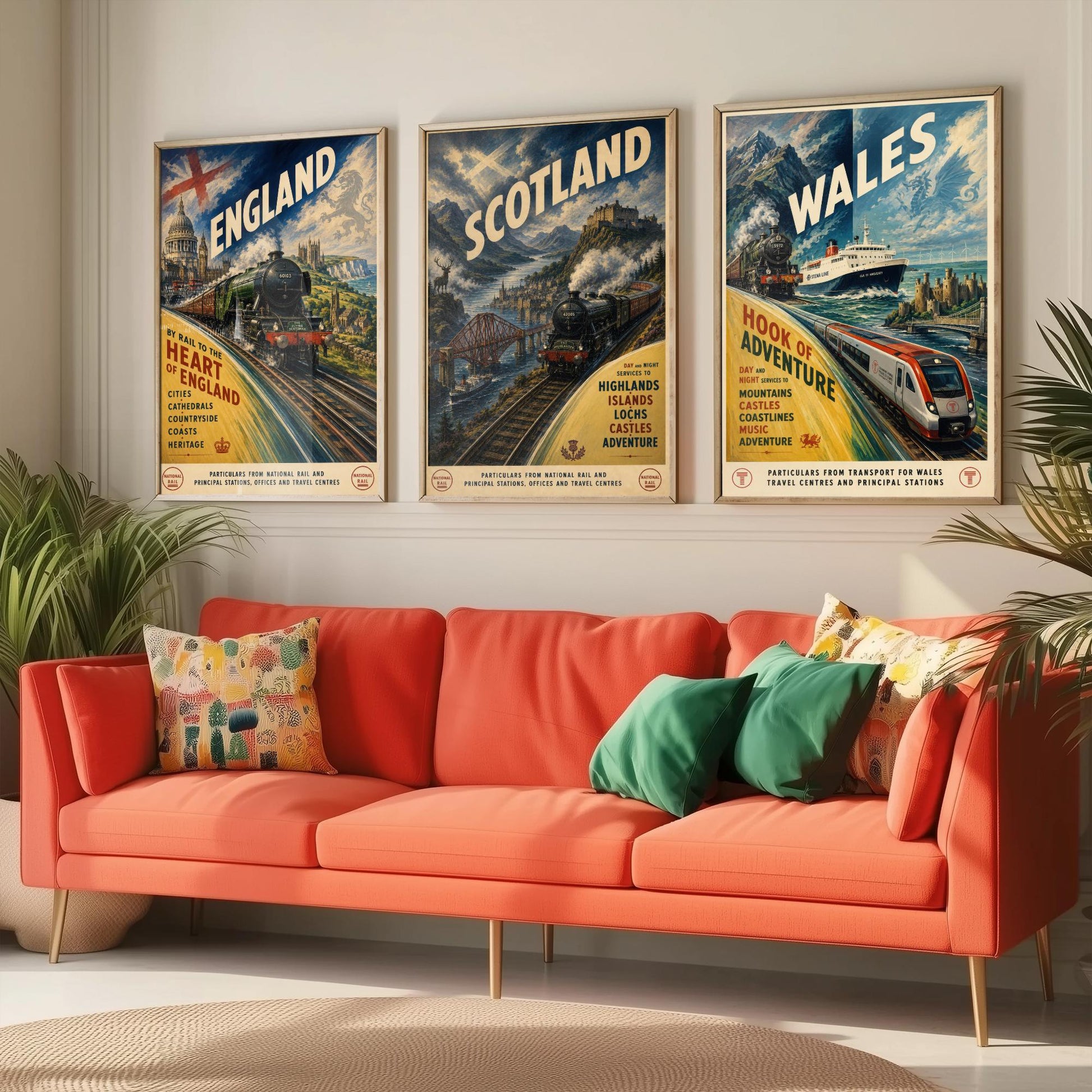 England Scotland Wales Set of Three Art Prints | Vintage Railway Travel Illustration Poster