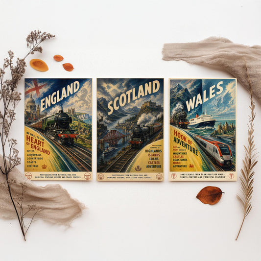 England Scotland Wales Set of Three Art Prints | Vintage Railway Travel Illustration Poster
