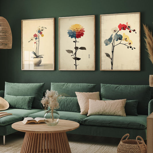 Rainbow Orchid Set of Three Art Prints | Colourful Bold Floral Illustration Poster V1