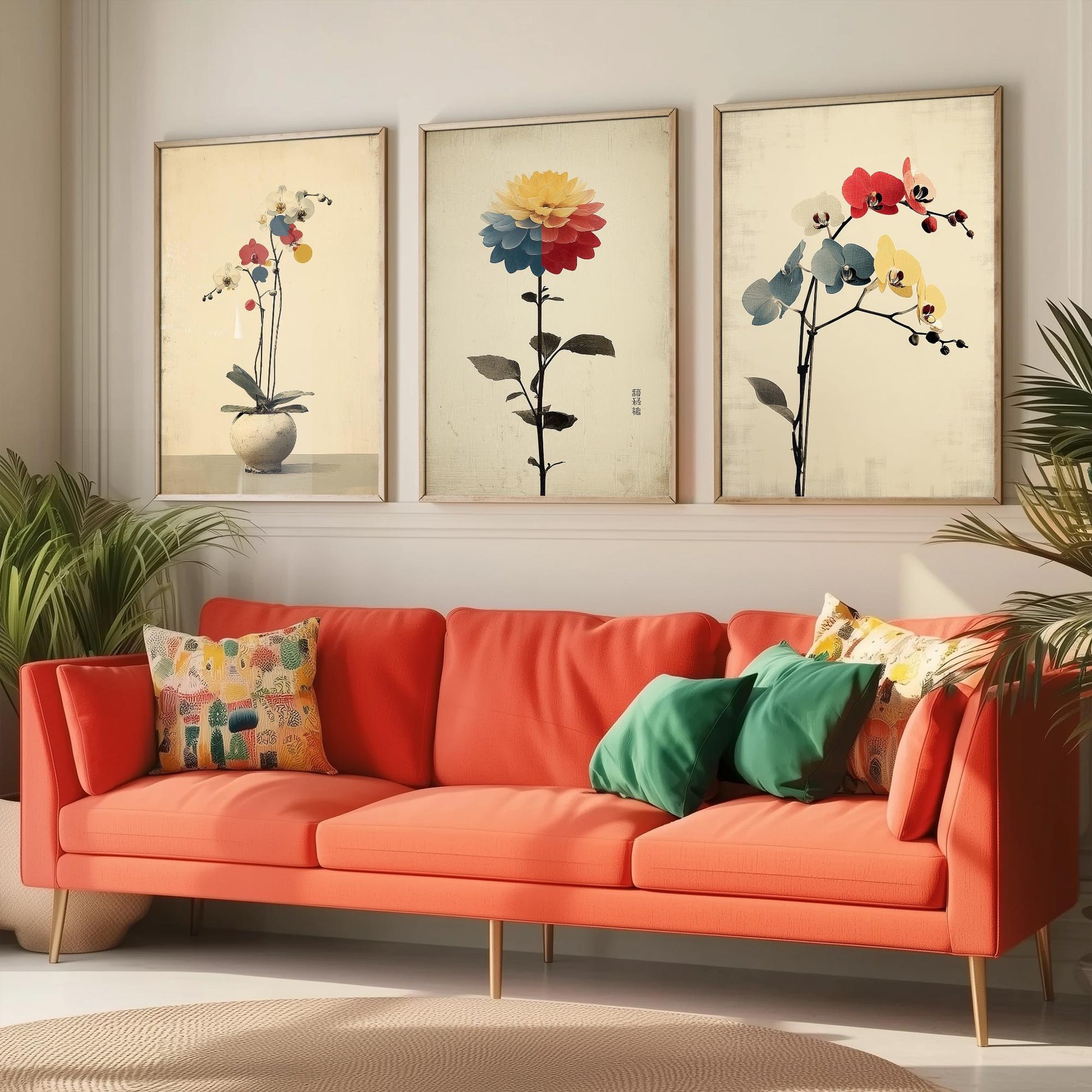 Rainbow Orchid Set of Three Art Prints | Colourful Bold Floral Illustration Poster V1