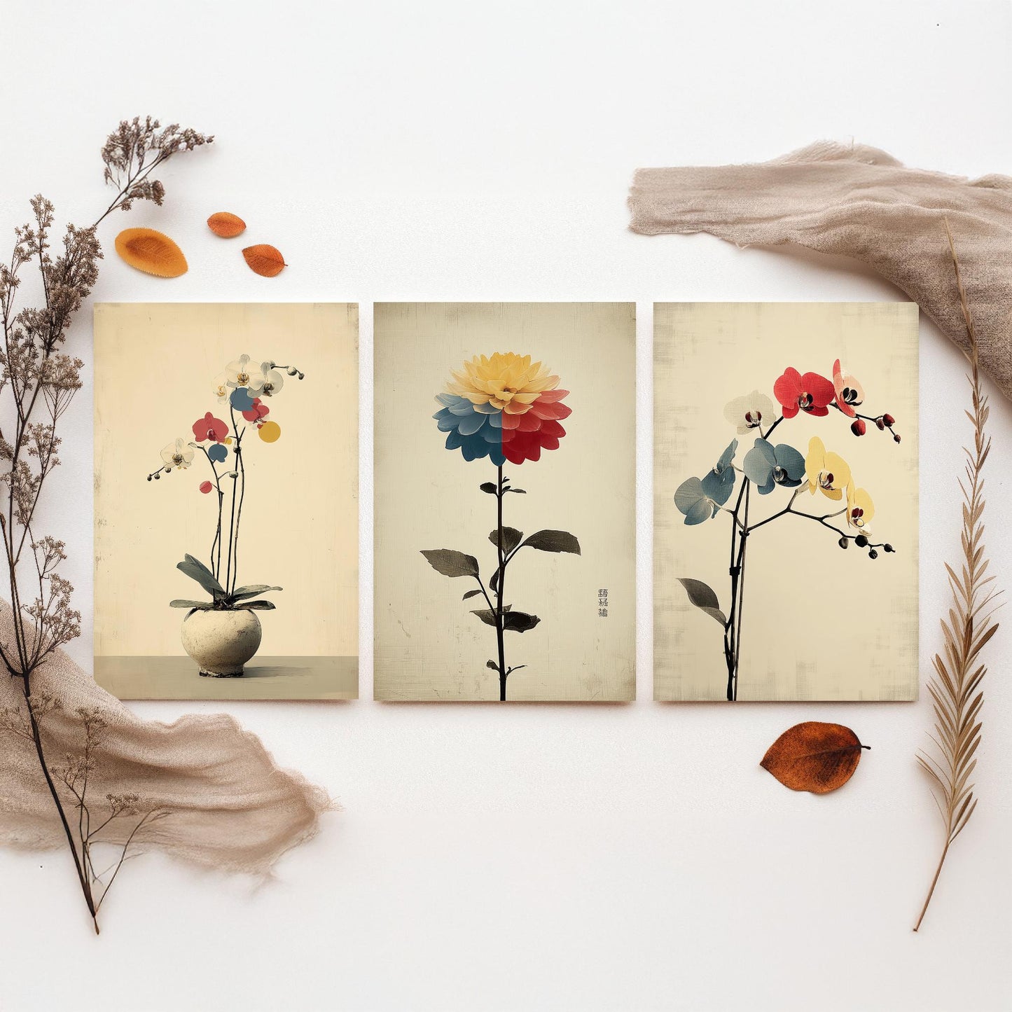 Rainbow Orchid Set of Three Art Prints | Colourful Bold Floral Illustration Poster V1