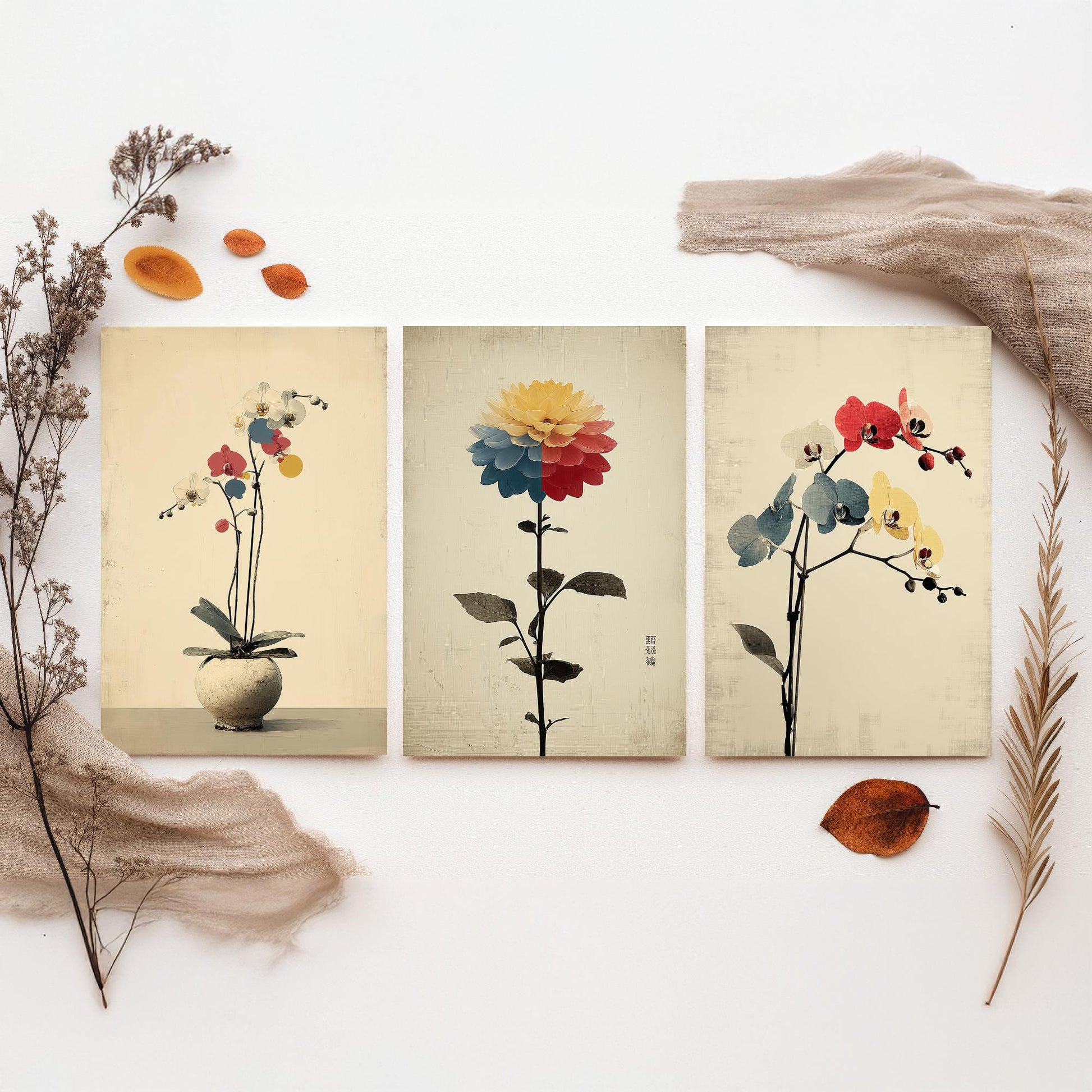 Rainbow Orchid Set of Three Art Prints | Colourful Bold Floral Illustration Poster V1