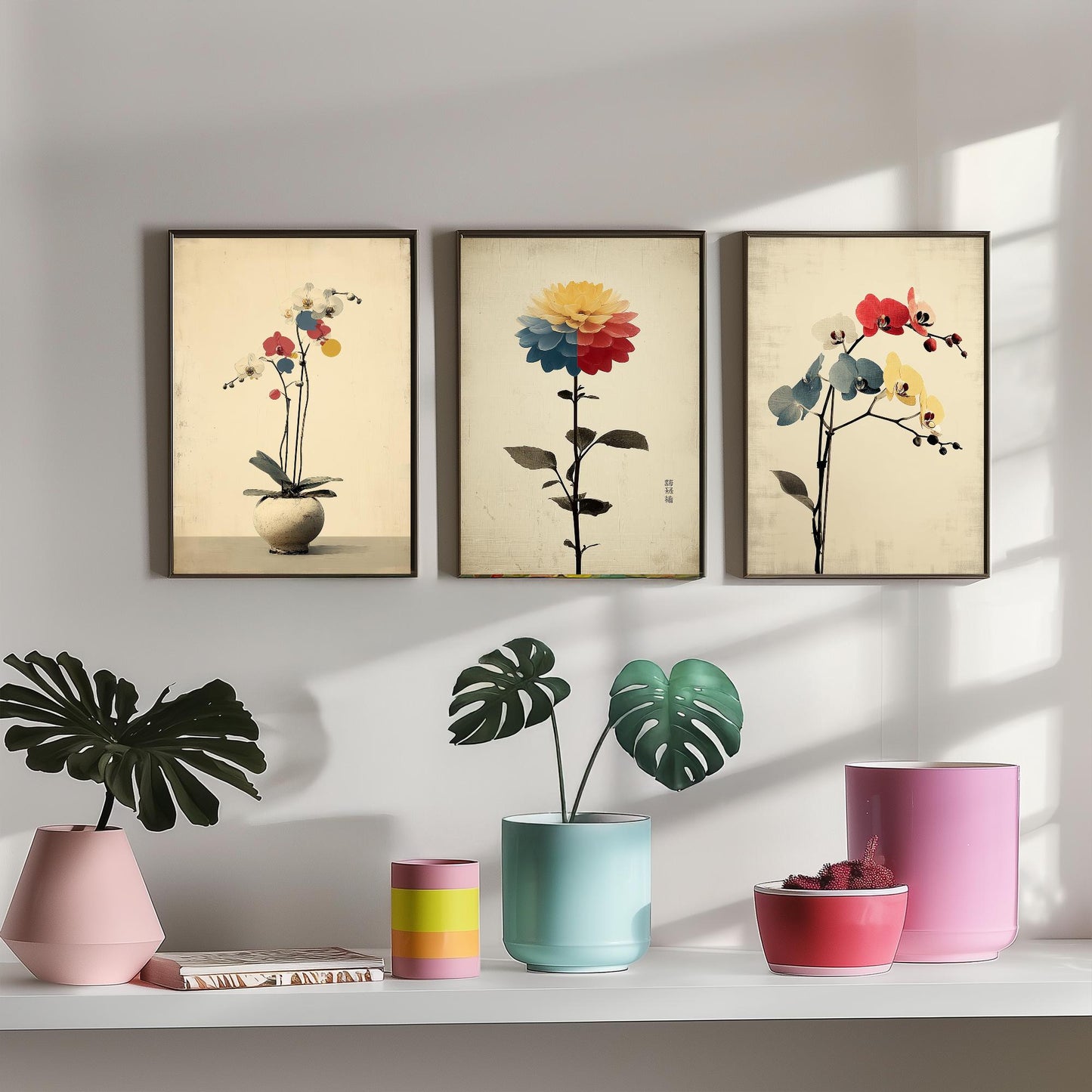 Rainbow Orchid Set of Three Art Prints | Colourful Bold Floral Illustration Poster V1