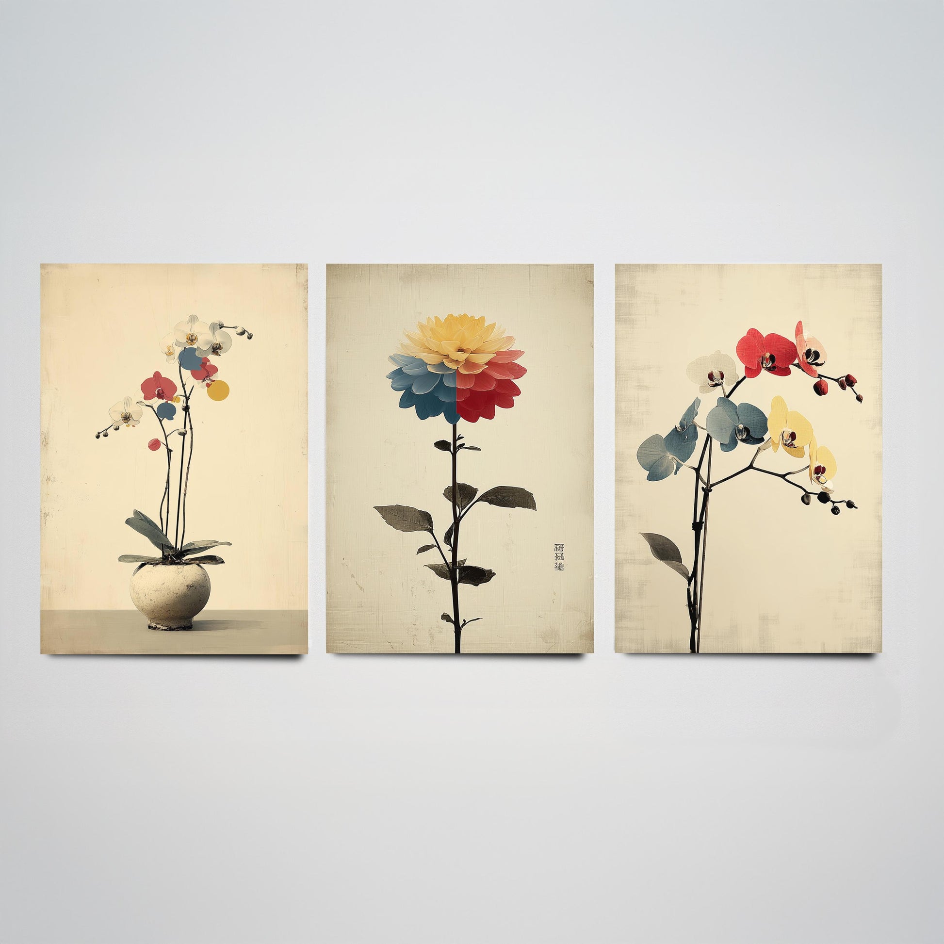 Rainbow Orchid Set of Three Art Prints | Colourful Bold Floral Illustration Poster V1