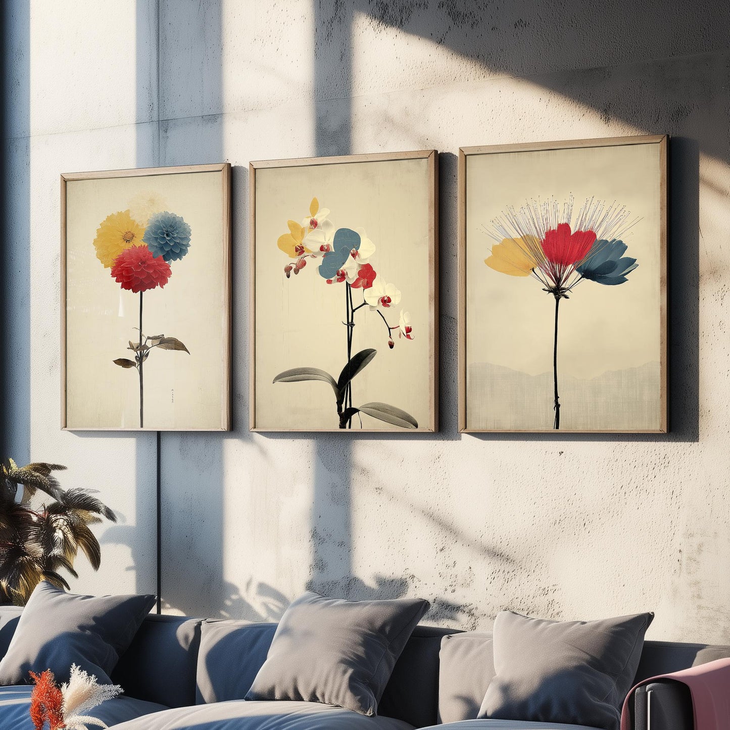 Rainbow Dahlia Orchid Protea Set of Three Art Prints | Vintage Botanical Illustration Poster V2