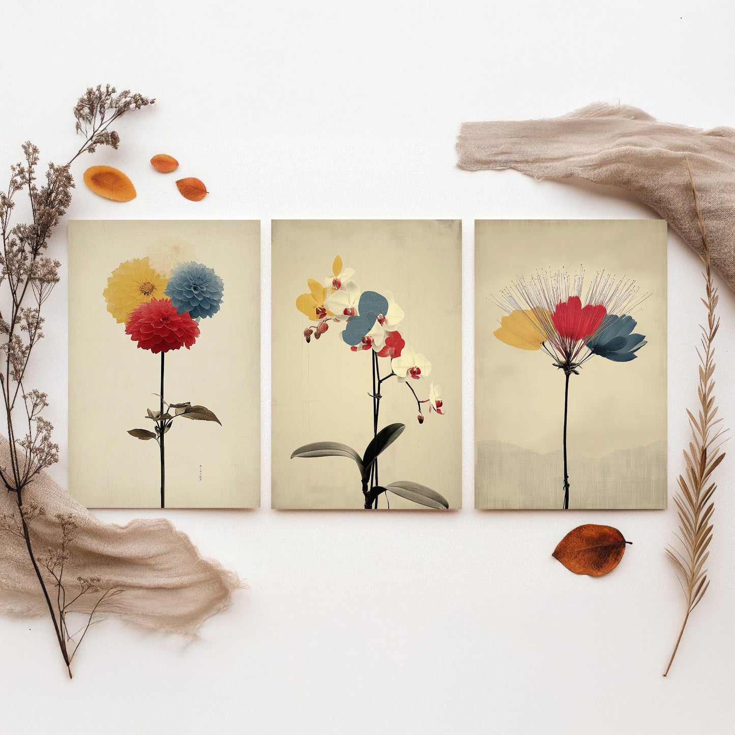Rainbow Dahlia Orchid Protea Set of Three Art Prints | Vintage Botanical Illustration Poster V2