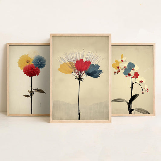 Rainbow Dahlia Orchid Protea Set of Three Art Prints | Vintage Botanical Illustration Poster V2