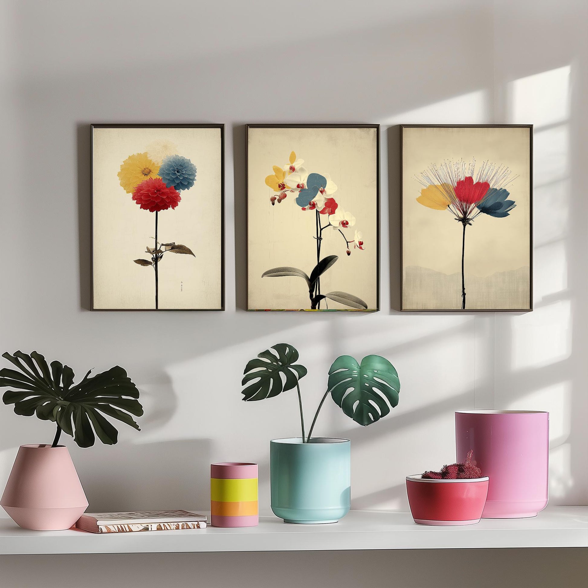 Rainbow Dahlia Orchid Protea Set of Three Art Prints | Vintage Botanical Illustration Poster V2